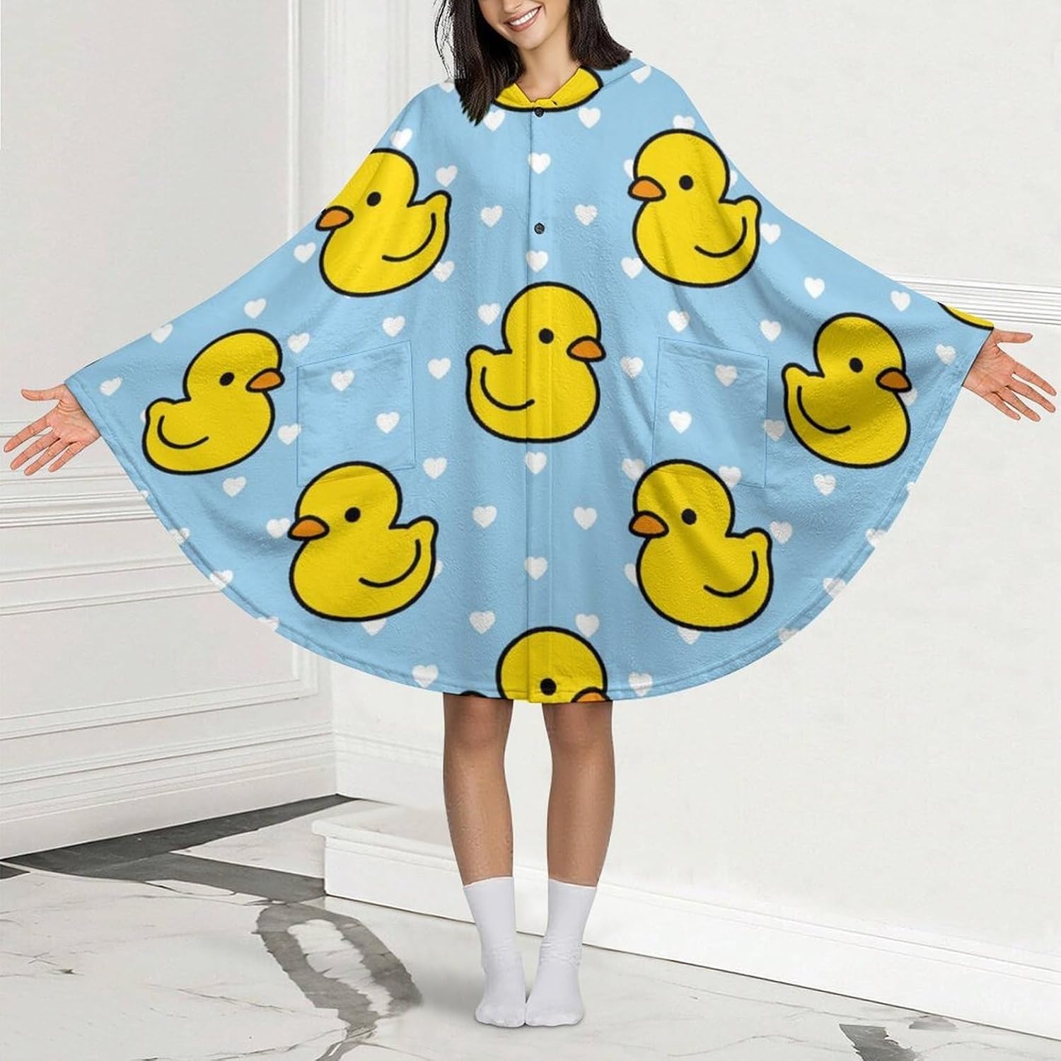 Cartoon Yellow Duck Wearable Blanket with Hooded Flannel Blankets Cape with Pocket