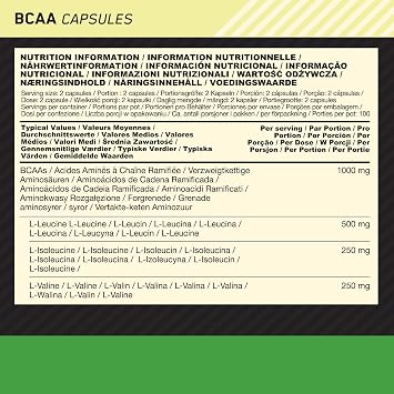 Optimum Nutrition BCAA Capsules, Amino Acids Tablets, 1000 mg of Essential Amino Acids BCAAs with L-Leucine, L-Isoleucine and L-Valine, Unflavoured, BCAA Supplements, 100 Servings, 200 Capsules | Easy to Swallow Capsules, Branched Chain Amino Acid Support, 2:1:1 ratio of L-Leucine, L-Isoleucine and L-Valine per serving