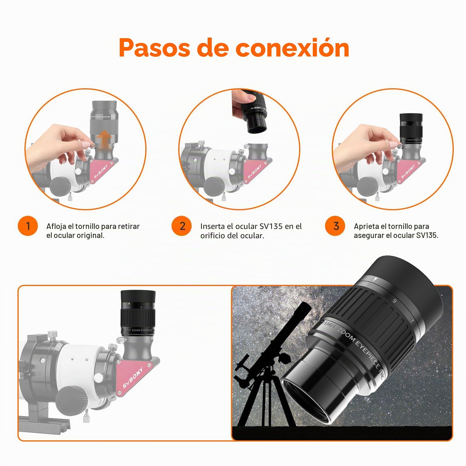 Svbony SV135 Oculaire de Télescope, Oculaire Zoom 1,25'' 7-21 mm pour Télescope, 52 Degrés FOV, Objectif de Télescope FMC 5 Éléments 3 groupes, Accessoires de Télescope d'observation Astronomique