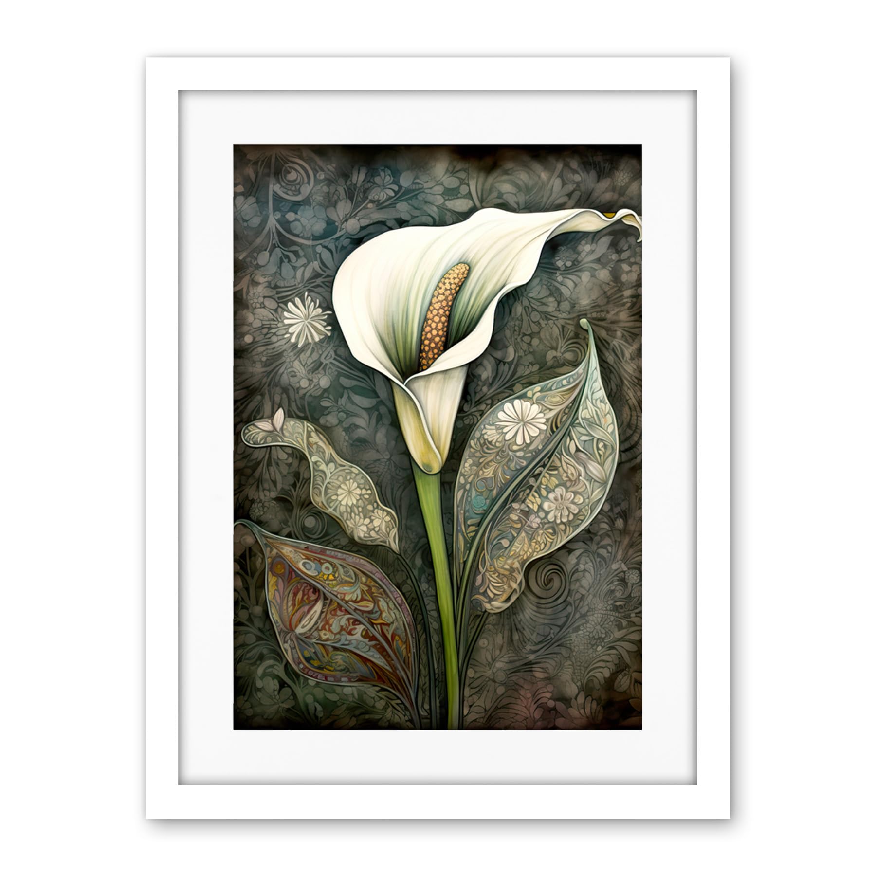Artery8 Calla Lily Flower Bloom with Batik Style Patterns Artwork Framed Wall Art Print 18X24 Inch