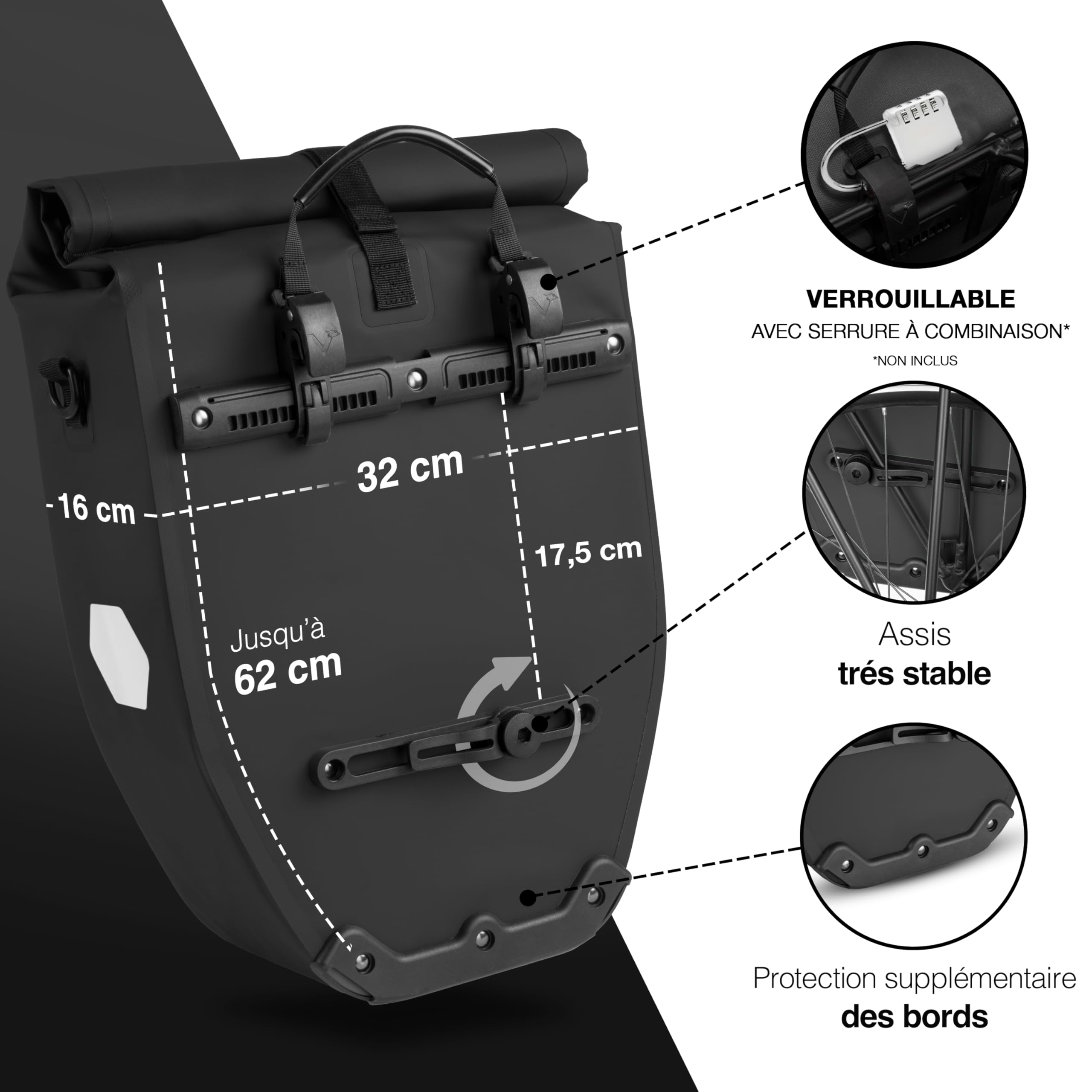 Valkental - Grand Sac étanche pour Porte-Bagages - Sacoche de vélo pour Porte-Bagages avec Grands réflecteurs [verrouillable] Fixation Ultra-résistante - Plusieurs Fois primé - Conçu pour Durer