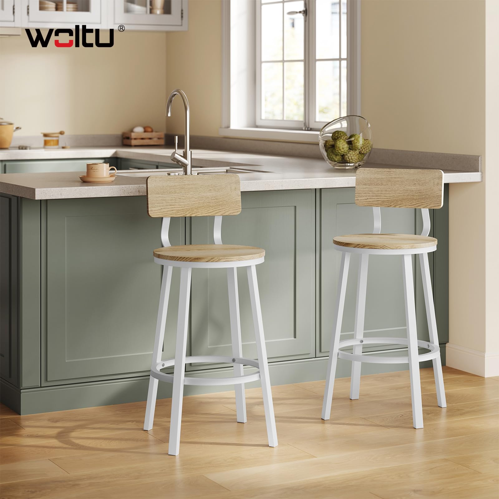 WOLTU Tabouret Bar Lot de 2, Chaise de Bar avec Repose-Pieds et Dossier, Tabourets Haut pour Îlot Central Cuisine, Salle à Manger, Café, Comptoir, en Métal, Chêne Clair