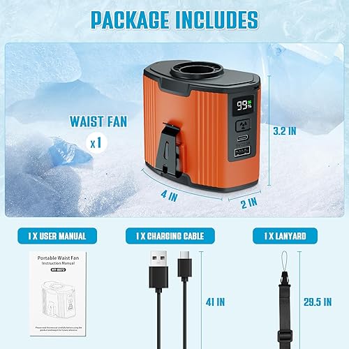 Miniatura 5 de Ventilador de cintura portátil recargable – Ventilador personal a batería de 10000 mAh, clip de cinturón manos libres y cuello colgante, 10