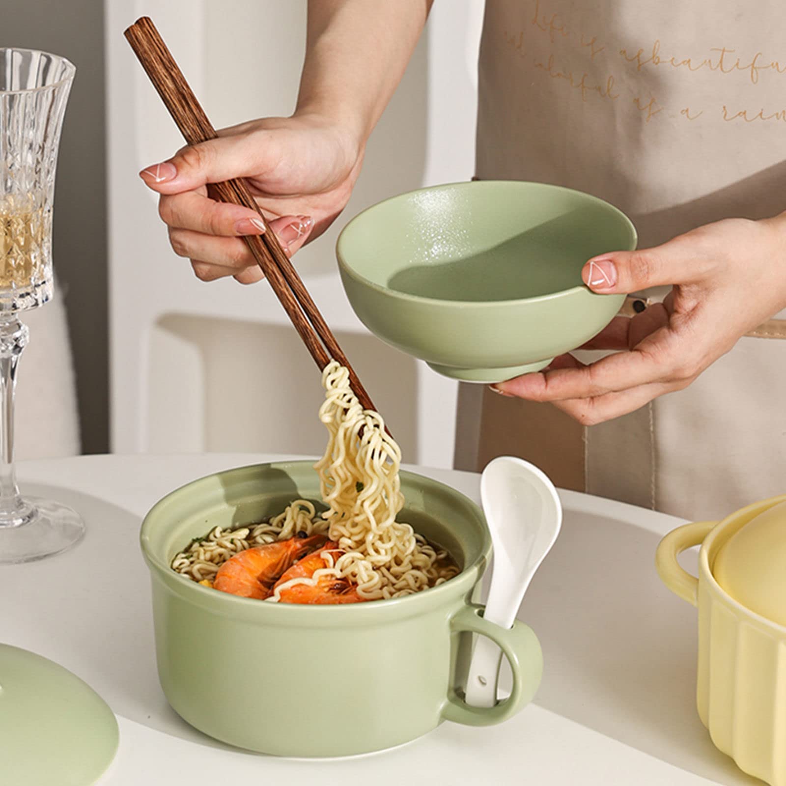 Bol à ramen,saladier,/Bol en céramique avec couvercle, tasse à soupe avec couvercle, bols à nouilles ramen lavables au micro-ondes, for dortoir, maison, bureau-jaune-650 ml/23 oz ( Color : 950ml/33.5o