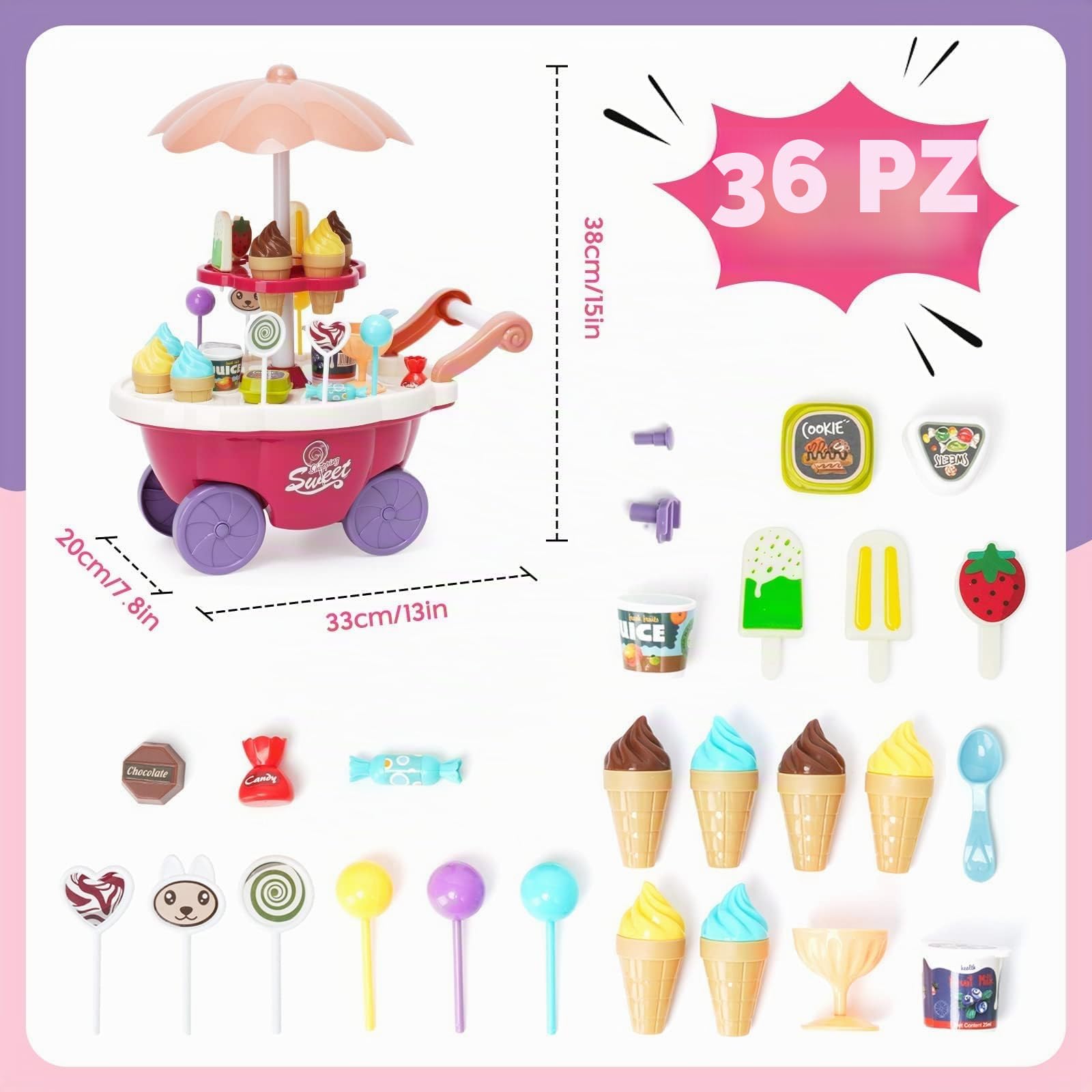 Carrello dei Gelati Bambini, Gelateria Giocattolo 36 Pezzi, Carretto Gelato Giocattolo con Deposito, Giochi di Ruolo Regalo per Bambina 3 Anni