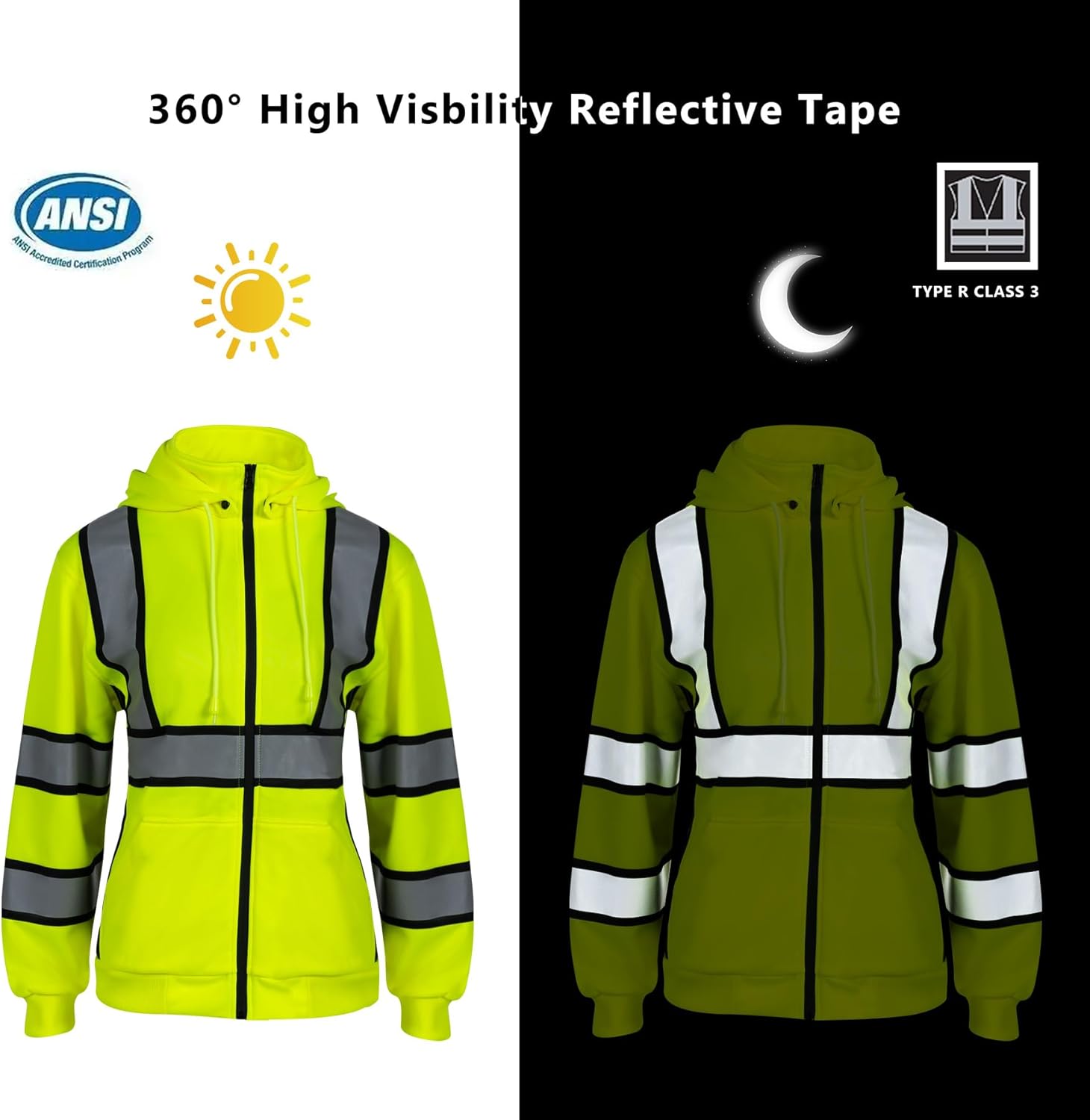 Women Hi Vis Hoodie Reflective ANSI Class Safety Fleece Jackets High Visibility Work Sweatshirts - Image 7