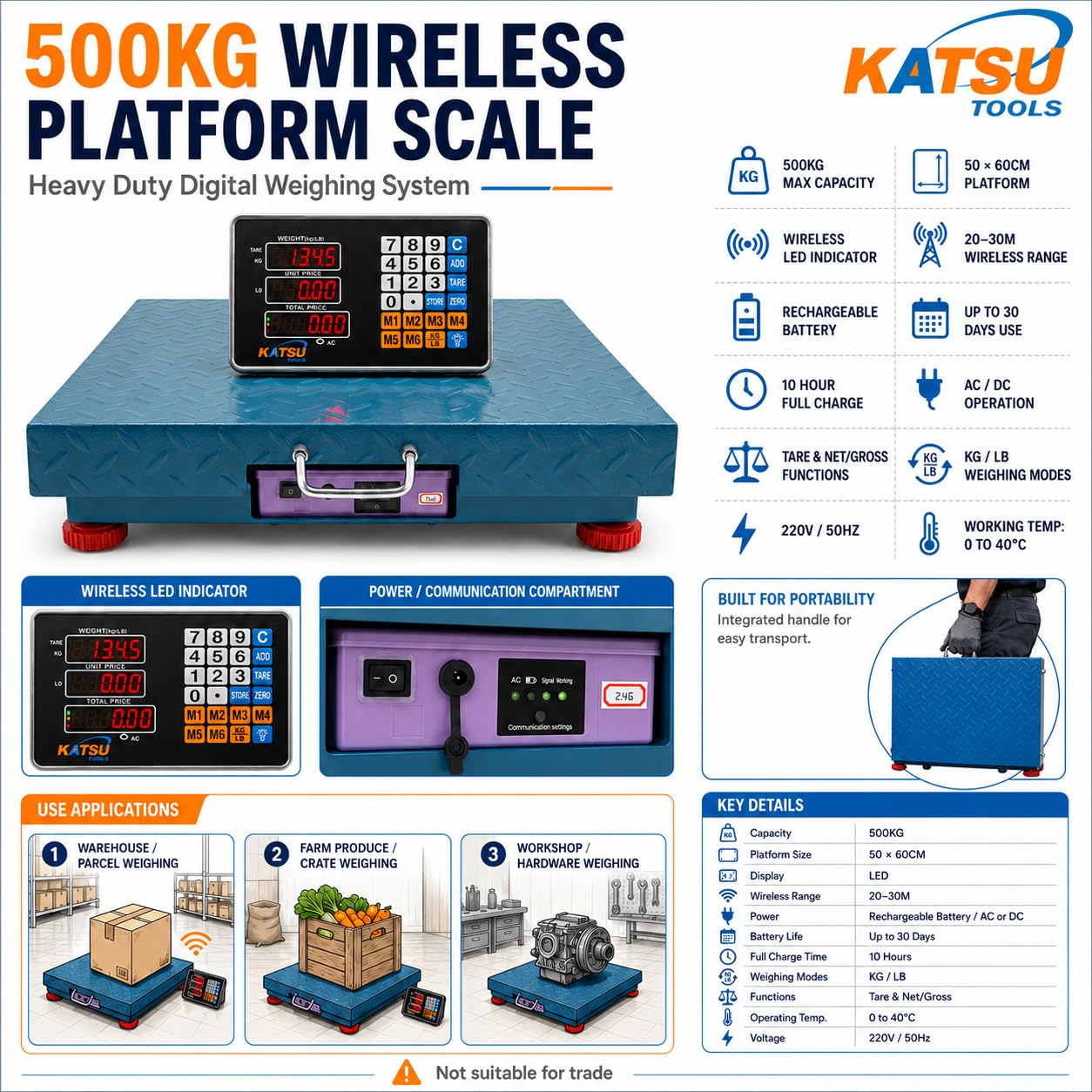 KATSU Industriell Plattformwaage 500kg Elektronische Postwaage LED-Anzeige 50x60cm Rostfrei Stahl