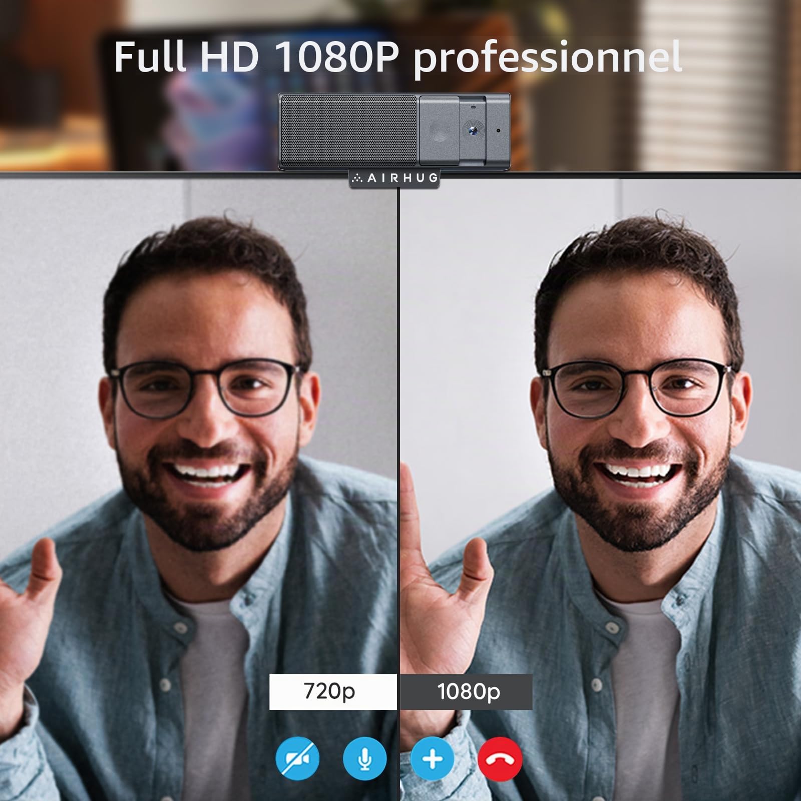 AIRHUG Webcam 3 en 1 1080p avec microphone et haut-parleur, caméra USB pour vidéoconférence/classe en ligne/jeux en direct, protection de confidentialité intégrée