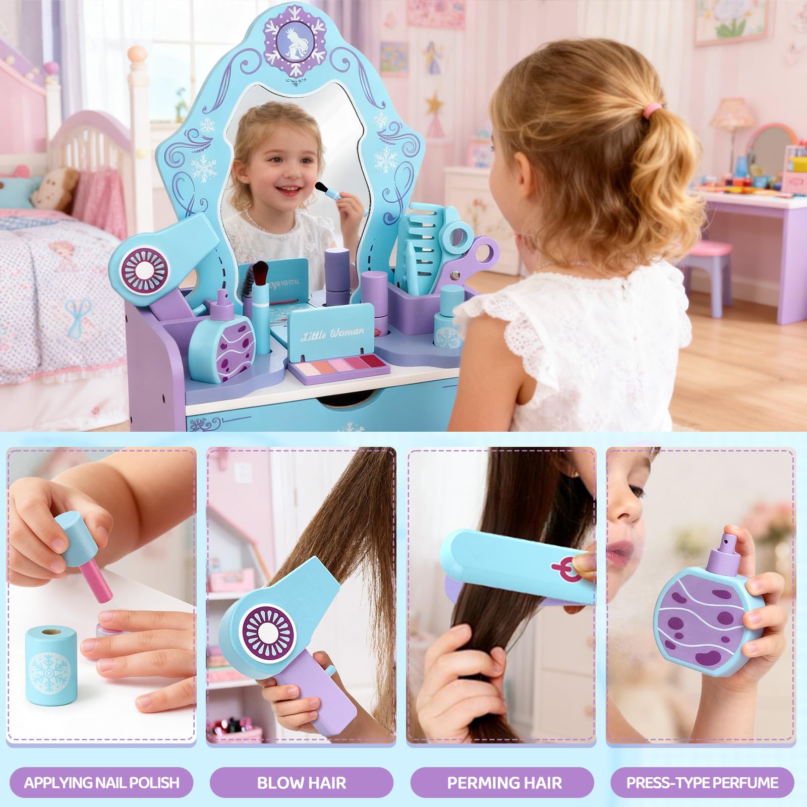 Atoylink Eiskönigin Schminktisch Kinder für Mädchen, 12-Teiliges Schminkset mit Kinderschminke Set & Friseur Set, Frozen Schminke Holzspielzeug, Eiskönigin Spielzeug Geschenk für Mädchen ab 3 Jahren