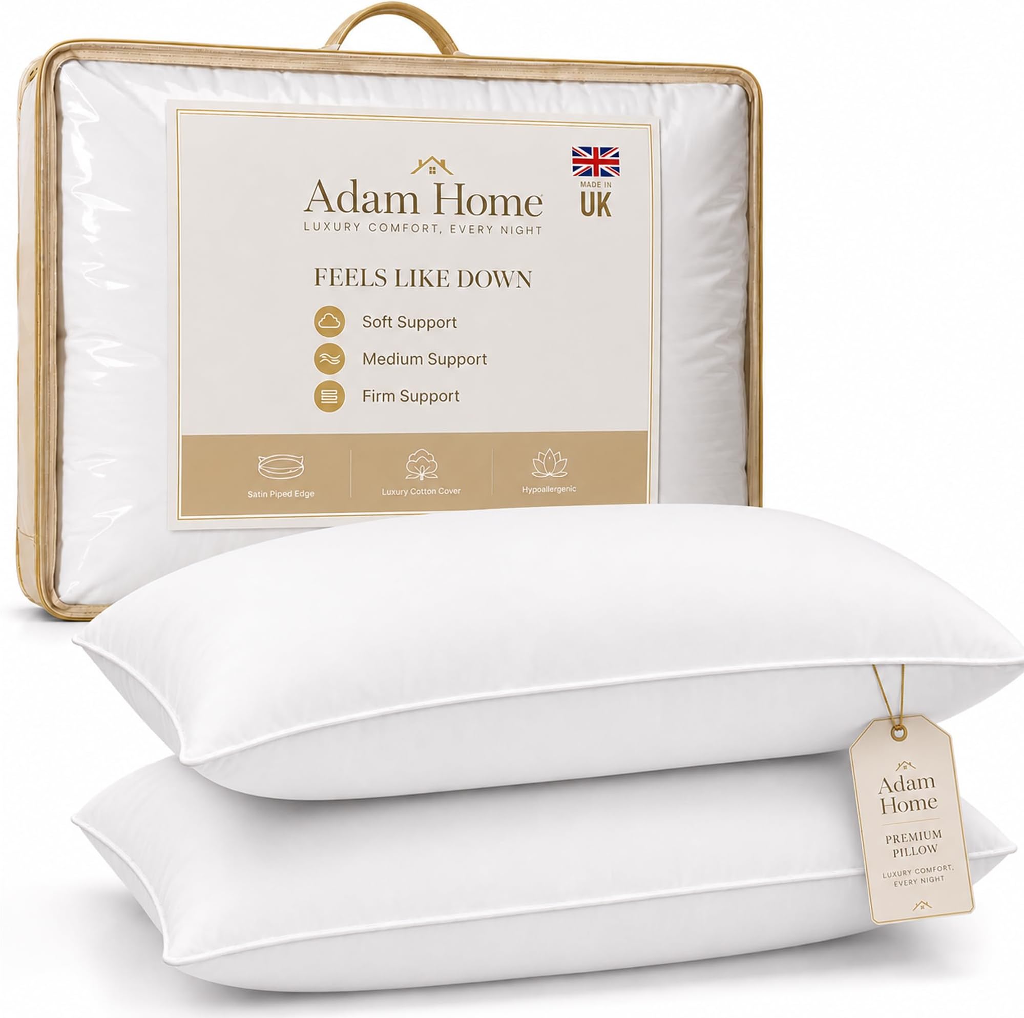Adam Home Pillows 2 Pack Hotel Quality Side Sleeper Bounce Back Bed Pillow Quick rebound Dust Proof Resistant Premium Filled Pillows Pack of 2