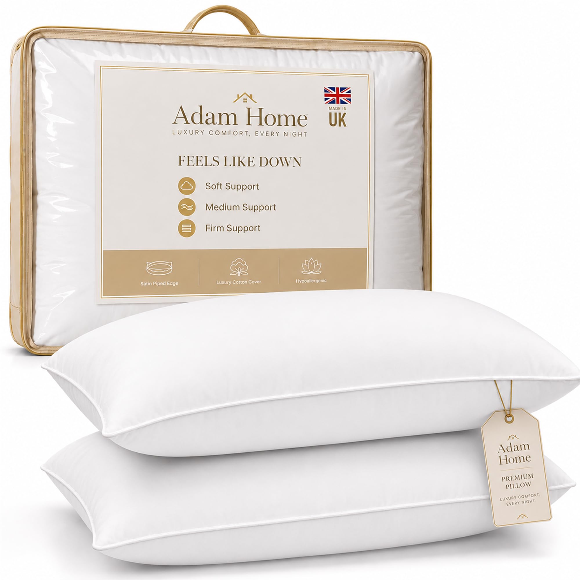 Adam Home Pillows 2 Pack Hotel Quality Side Sleeper Bounce Back Bed Pillow Quick rebound Dust Proof Resistant Premium Filled Pillows Pack of 2