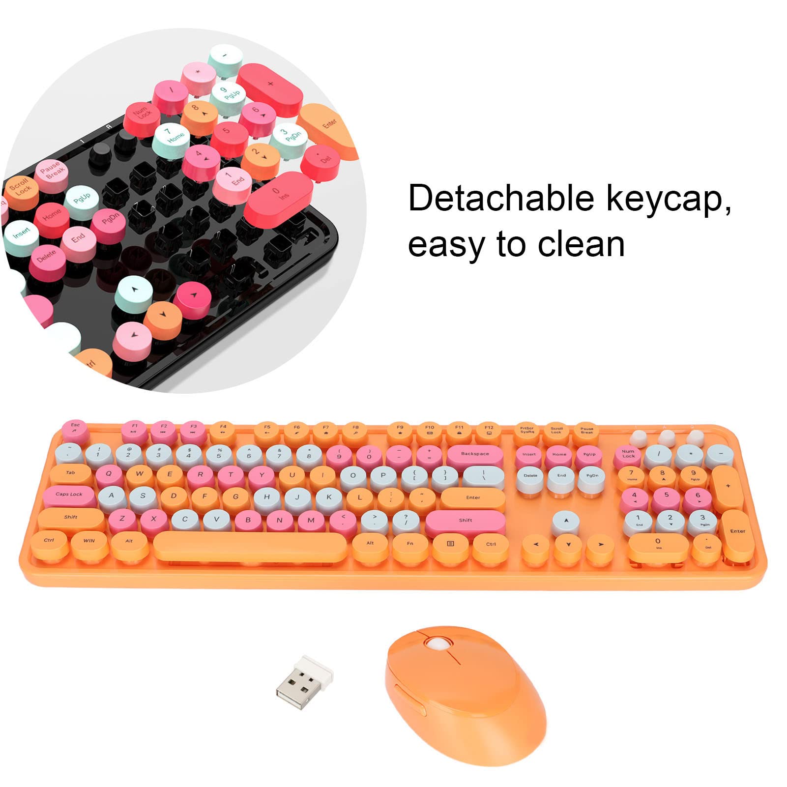 Draadloos Toetsenbord en Muiscombinatie, Kleurrijk Typemachine-toetsenbord met Ronde Toetsen en Numeriek Toetsenblok, Ergonomisch Kawaii-toetsenbord met 104(zoete levendige oranje gemengde kleur