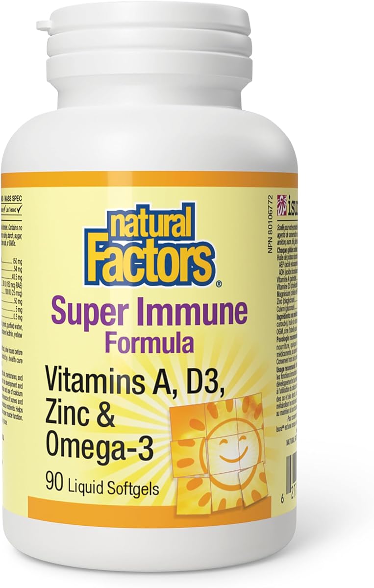 Natural Factors Super Immune Formula, 90 Liquid Softgels, Vitamin A, Vitamin D, Zinc & Omega 3, EPA & DHA, One-per-Day, Immune Support, Fish Oil, Zinc Supplements