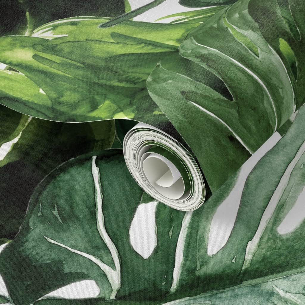Peel & Stick Wallpaper 3ft x 2ft - Large Scale Monstera Leaves Tropical Rainforest Jungle Green Leaf Custom Removable Wallpaper by Spoonflower
