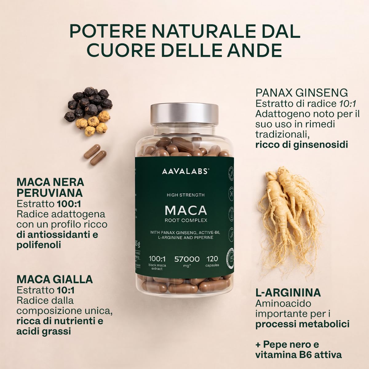 Maca Peruviana 57000mg | Estratto 100:1 di Black Maca Nera Extra Forte + 10:1 Maca Gialla con L-Arginina, Panax Ginseng Coreano, Vitamina B6 P5P, Pepe Nero - Integratore Uomo Donna - 120 Capsule