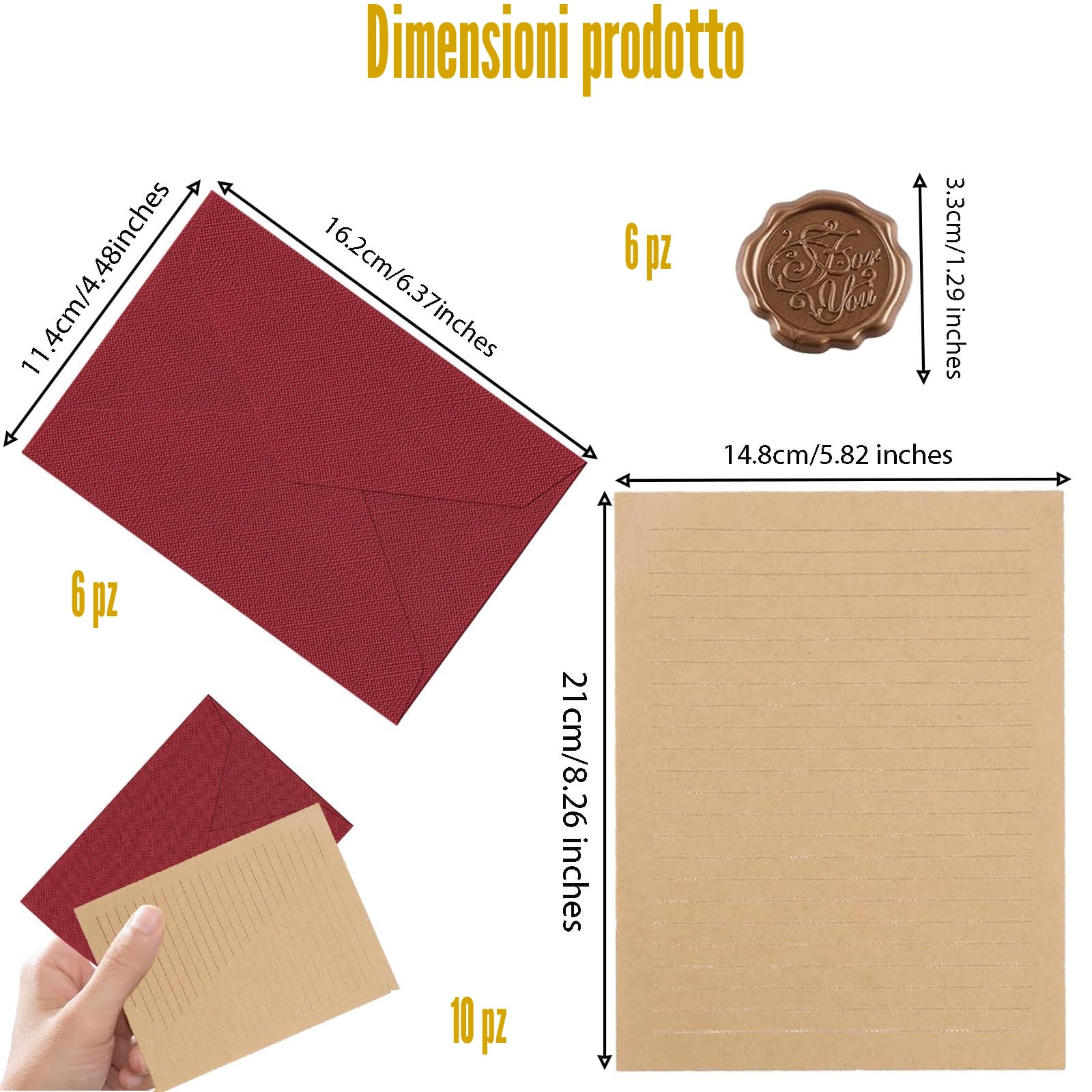 Set di 22 pezzi carta da lettere vintage A5 con 6 buste in lino e sigilli di cera per inviti nozze