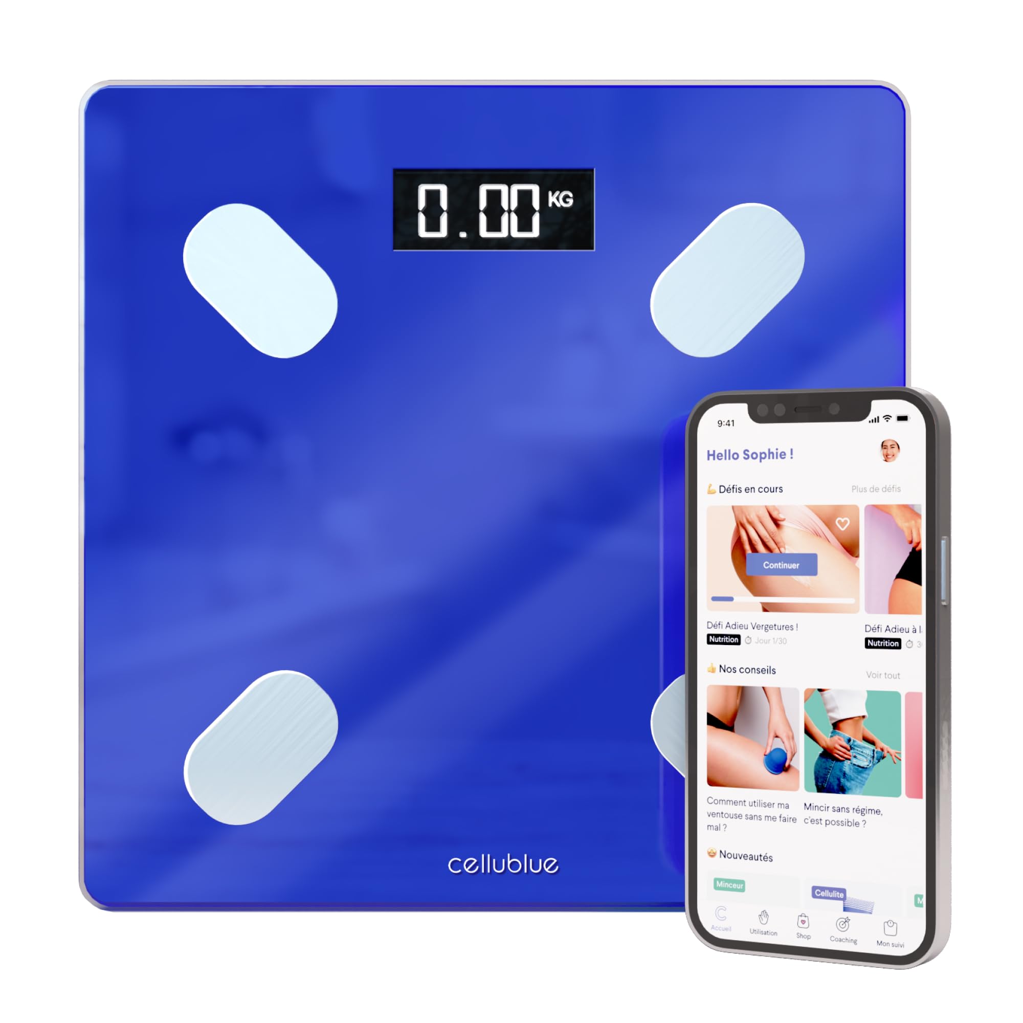 Balance Connectée Minceur Cellublue - Pèse-Personne Intelligent avec 12 Indicateurs de Composition Corporelle, Analyse de Graisse, Muscle et IMC - Compatible Smartphone, Suivi précis de poids