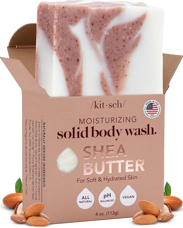 Kitsch Shea Butter Exfoliating Body Wash Bar Soap – Made in USA, 4 oz | Hydrating with Vitamin E – Plant-Based Exfoliating Body Scrub – Moisturizing Skin Care – Paraben, Silicone & Sulfate-Free
