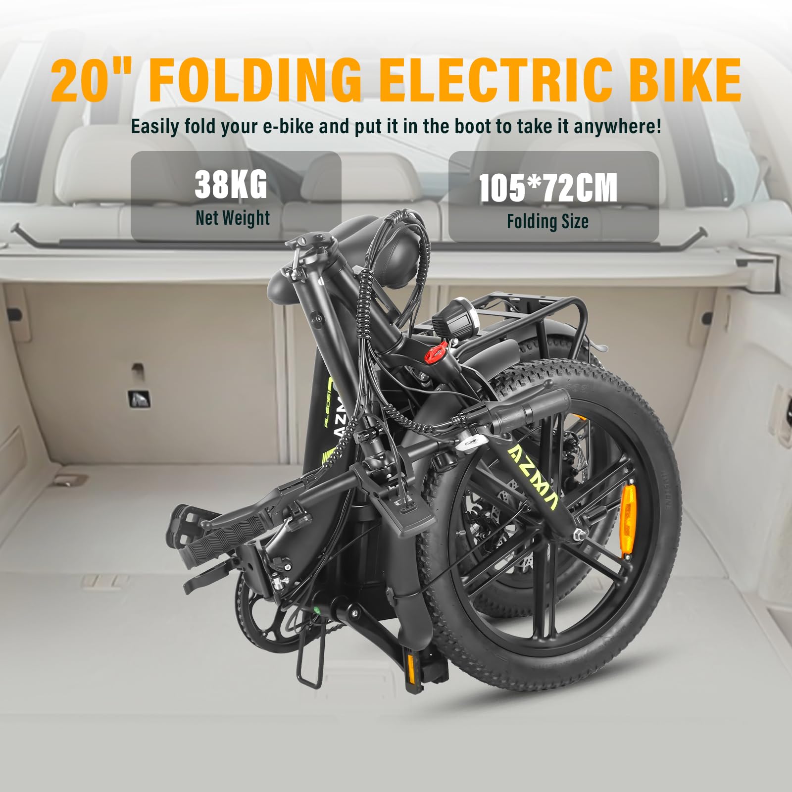 AZMA F1 Bici Eléctrica Plegable, 36V20.8AH(748.8WH) Batería Extraíble,Bicicleta Eléctrica para Adultos con Alcance 150KM, 20“ * 3.0” Fat Tyre E-Bike para Viajeros Urbanos
