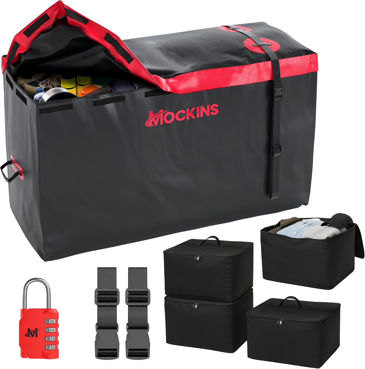 Mockins 15 CuFt Weatherproof Trailer Hitch Cargo Carrier Bag w/ 4 Packing Cubes | 48"x18"x31" Waterproof Cargo Bag for Hitch Carrier & Truck Bed Storage | Vehicle Soft-Shell Carriers w/Straps & Lock