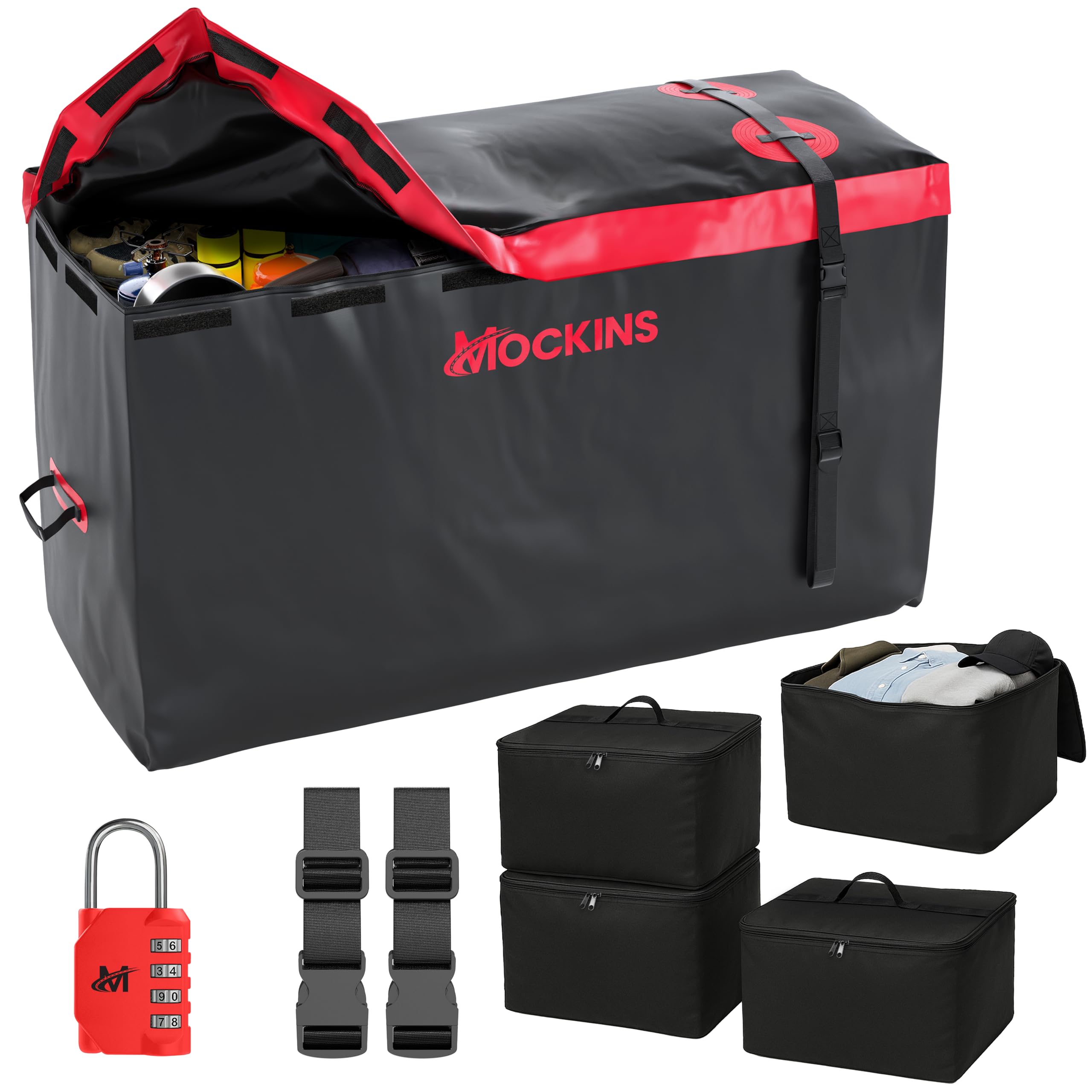 Mockins 15 CuFt. Soft-Shell Trailer Hitch Cargo Carrier Bag w/ 4 Packing Cubes | 48"x18"x31" All Weather, Waterproof Cargo Bag for Hitch Carrier & Truck Bed Waterproof Storage w/Buckle Straps & Lock
