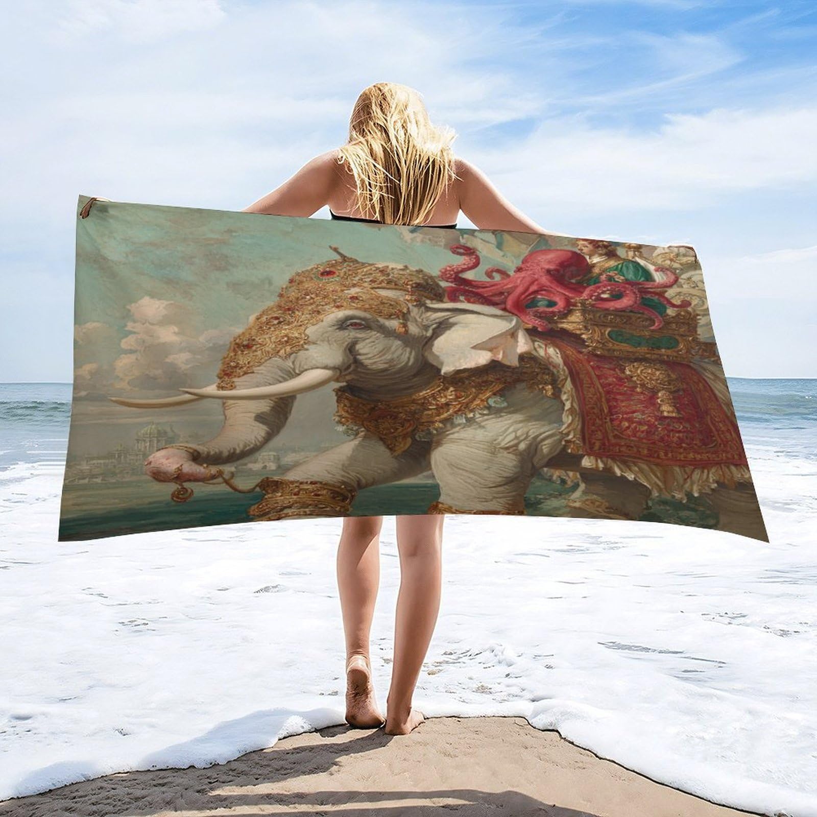 Luyysky Exotic Rustic Ocean Octopus Quick-Drying Beach Towel, Retro Oil Painting Indian Aesthetic Tropical Animal Elephant Octopus Travel Vacation Single Sided Pile Bathroom Towels-80"W Cm X 160"L Cm