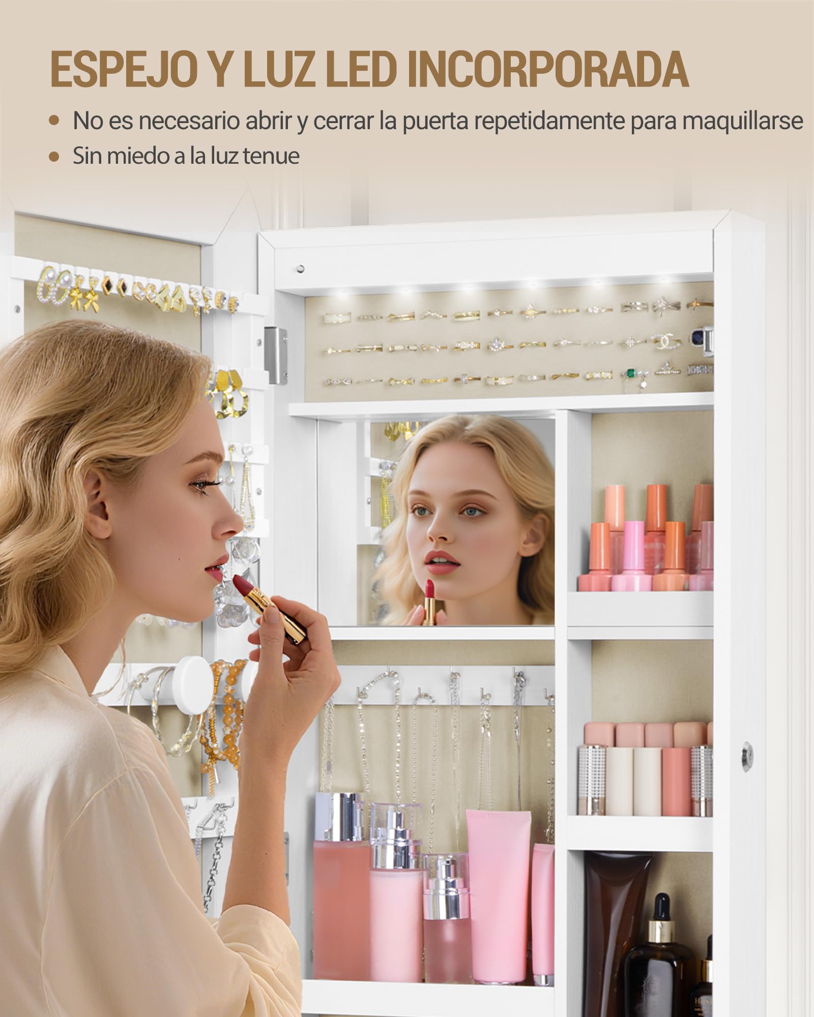 Hzuaneri Espejo Joyero de Pared Armario para Joyas e 6 LED, Blanco | Montar en Pared o Puerta, con Candado, Espejo Interior, para Pendiente Collar, para Dormitorios, Vestidores y Salón,JC36603BE