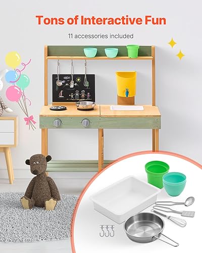 Miniatura 4 de VEVOR Cocina de barro para niños al aire libre, juego de cocina de madera para niños, juego de cocina para niños con maceta, estufas, tanque, grifo,