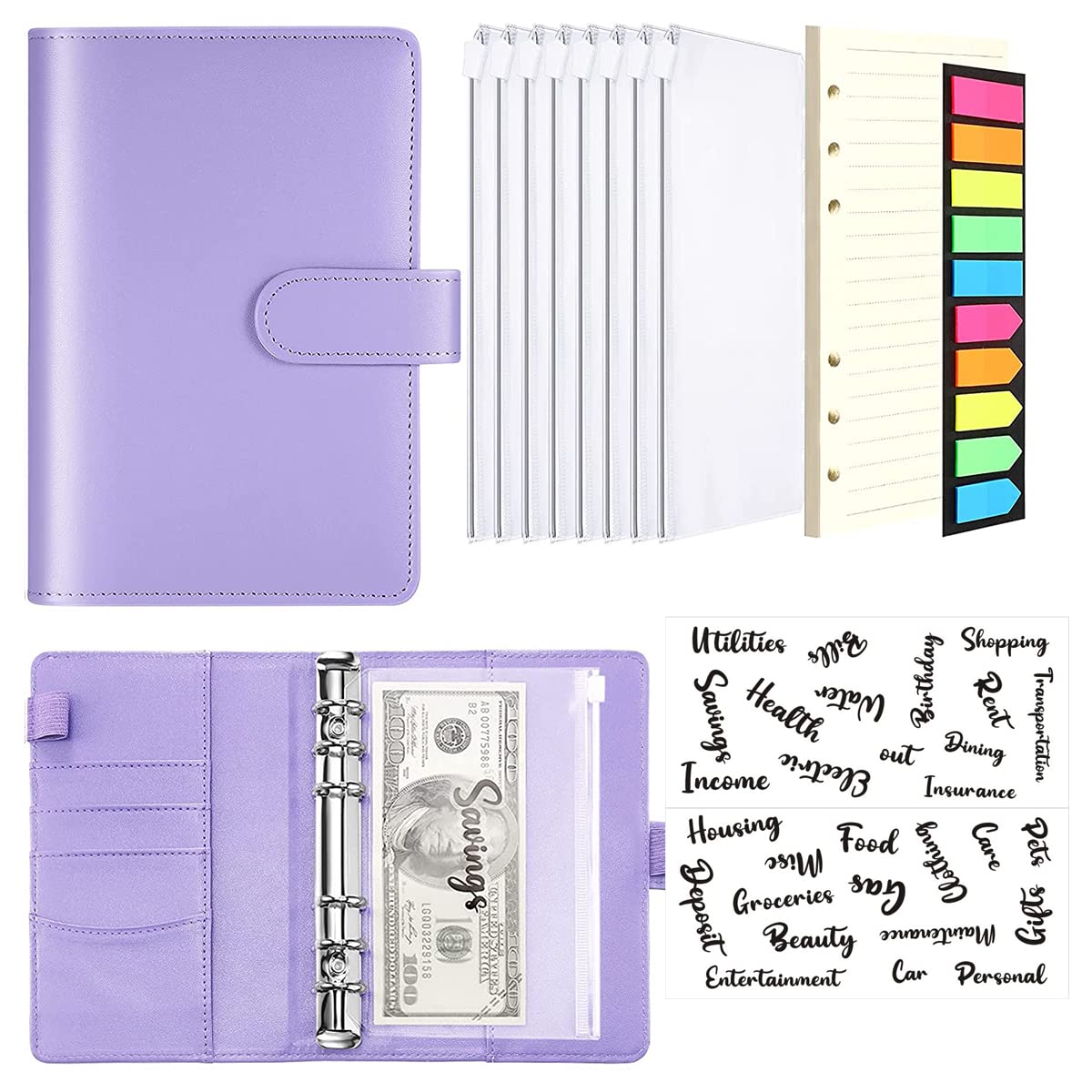 Sawanork A6 PU Leather Notebook Binder Set, 6 Ring Loose Leaf Cash Budget Planner Organizer With Cash Envelopes Letter Sticker Label And Neon Page Marker, Black