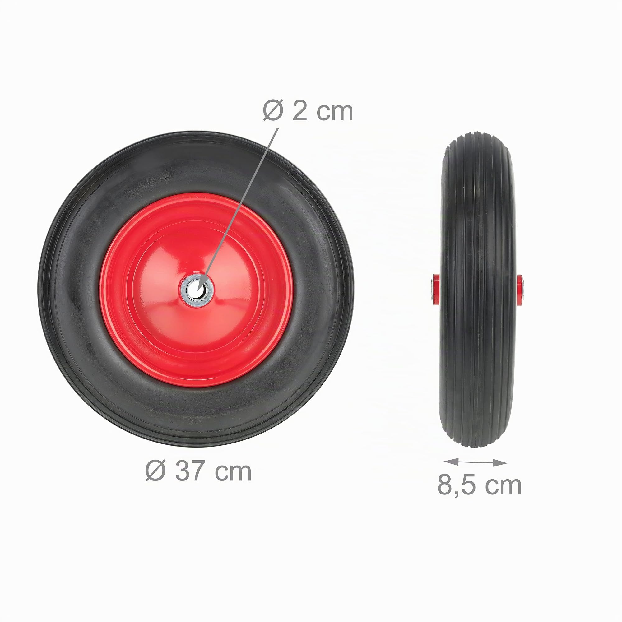 Relaxdays Roue de brouette 3.50-8, Pneu en Caoutchouc, Jante Acier, increvable, Charge maximale : 100 kg, Noir et Rouge