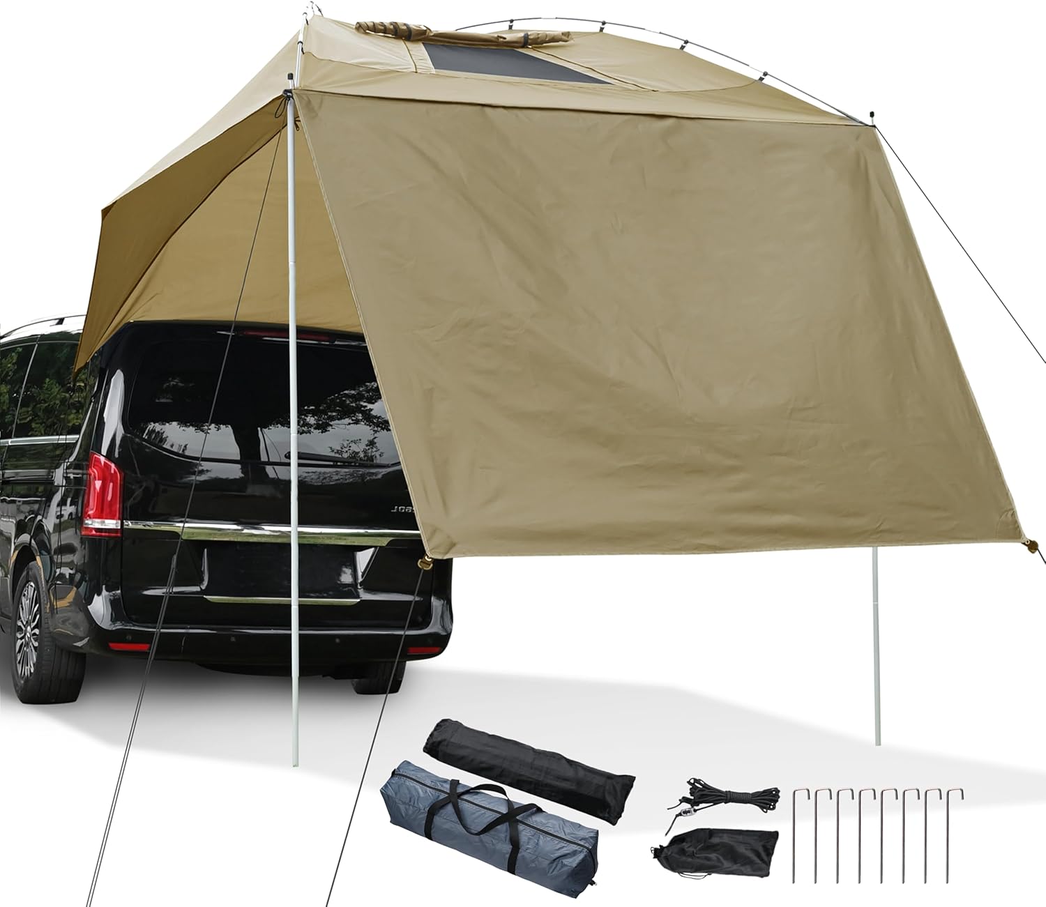 iElyiEsy Car Tailgate Tent-Portable Waterproof Car Awning with 8 Ground Stakes & Fixing Ropes, UV30+ Sun Protection, 210D Oxford Fabric, for Camping, Picnics, Outdoor Markets, Multi-Purpose Use,Khaki