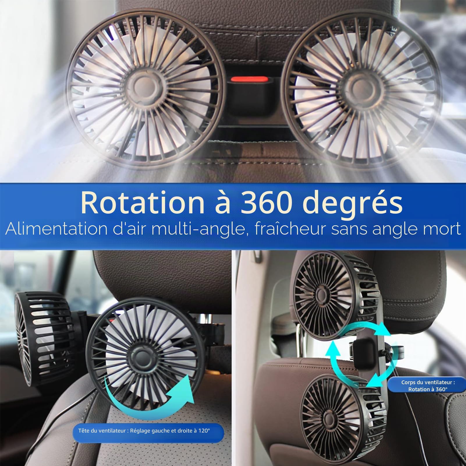 Ventilateur de voiture double tête portable rotation 360° USB 5 V 3 vitesses