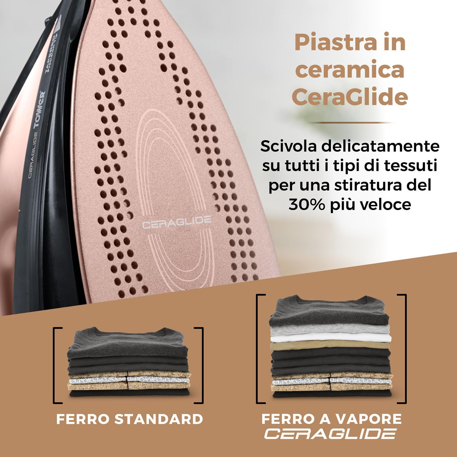 Tower T22008RG Ferro da Stiro a Vapore Senza Fili CeraGlide con Piastra in Ceramica e Funzione Vapore Variabile, Nero e Oro Rosa