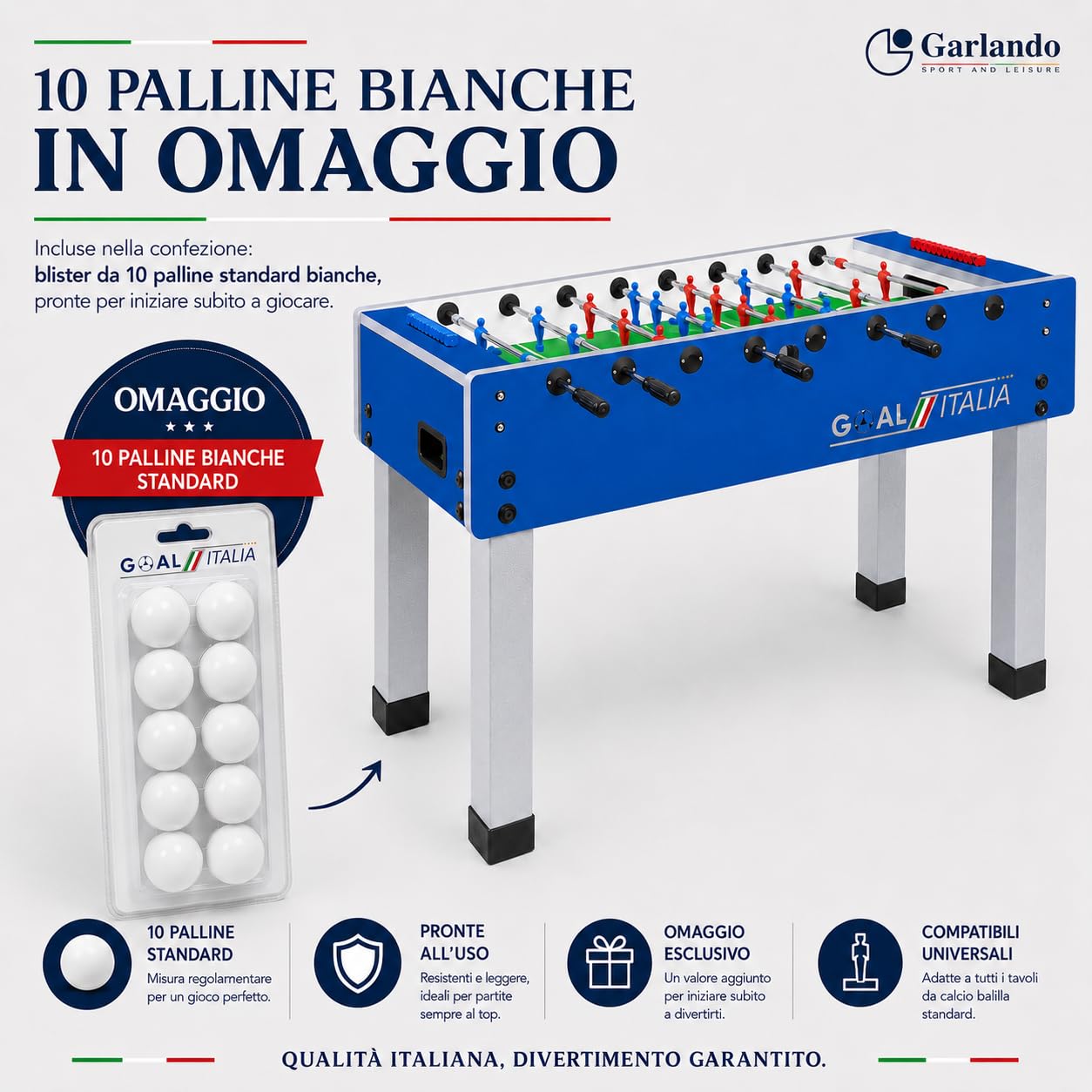Garlando Calcio Balilla Goal [Made in Italy] Calcetto da Tavolo Biliardino Con Aste Rientranti Telescopiche o Uscenti | Campo in Vetro Temperato Infrangibile |Palline e Spray Inclusi
