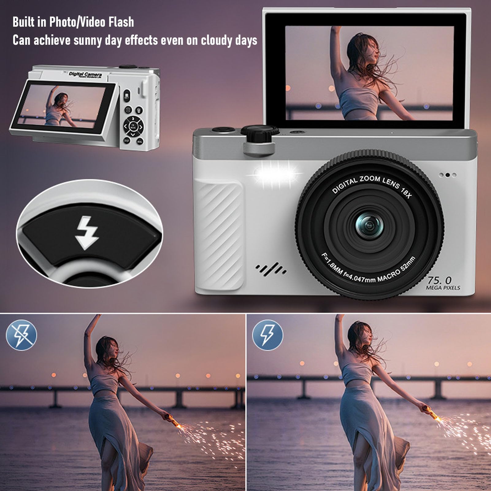 Dpofirs Fotocamera Digitale 4K, Fotocamera Mirrorless WiFi con Zoom 18X con Schermo Ribaltabile da 3 Pollici, Videocamera retrò da 75 MP Versatile per Ritratti Paesaggistici da Viaggio (White)