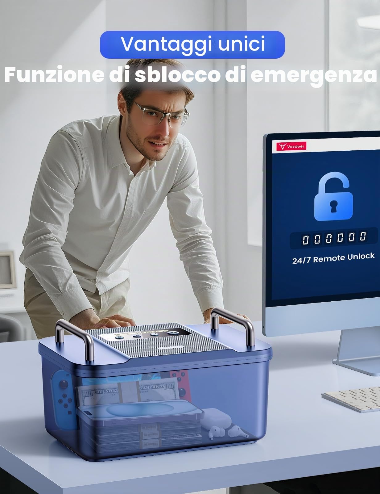 VAYDEER Cassetta di Sicurezza con Timer – Scatola con Lucchetto Temporizzato,Display LCD,Tempo di Blocco Personalizzabile, Manici in Metallo, Alimentazione USB-C – Box Portatile per Telefono e Farmaci