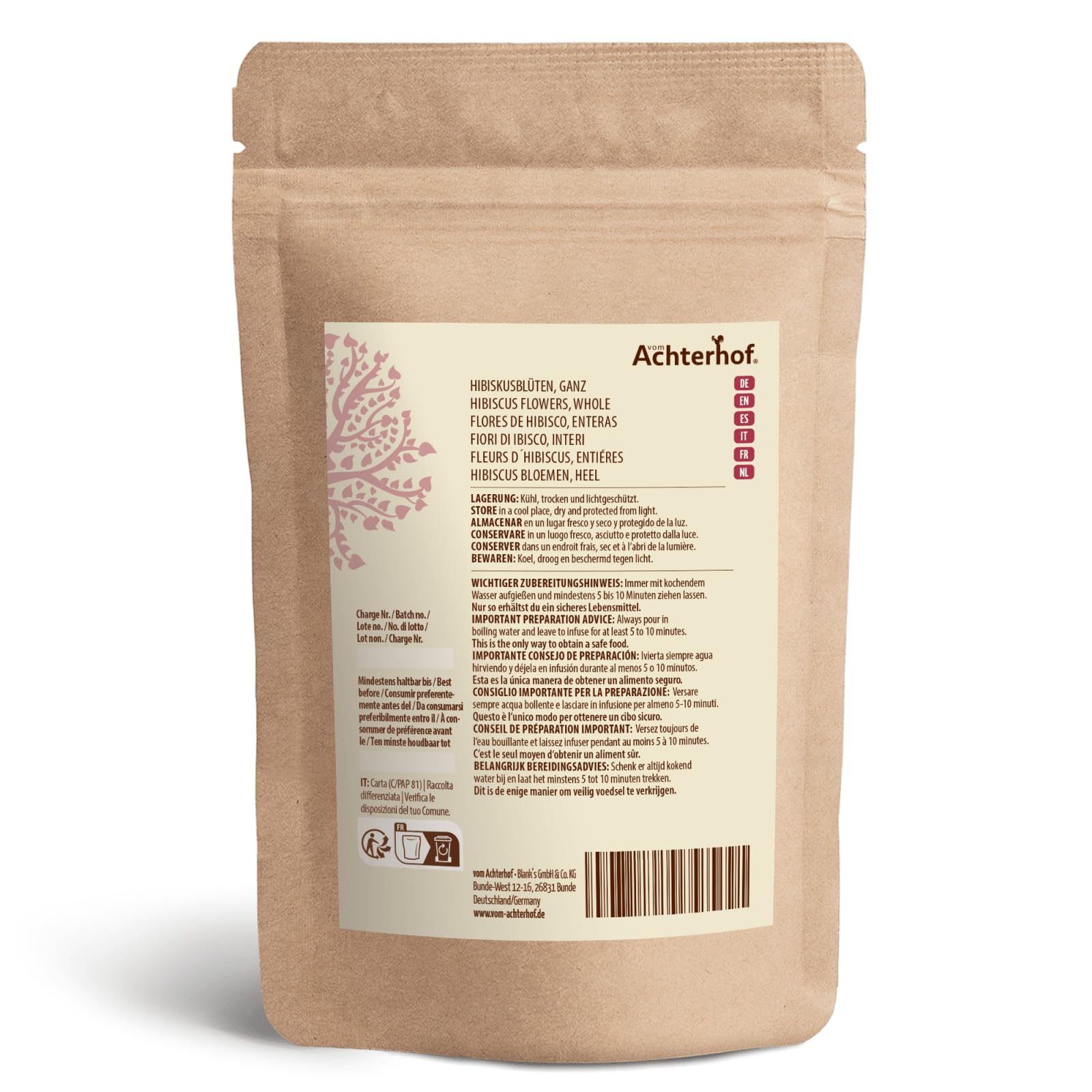 Flores de hibisco enteras secas 1000g | sabor ligeramente ácido-afrutado | flor de hibisco comestible | té de hibisco dulce-aromático | ideal para ensaladas, postres, yogures | vom Achterhof
