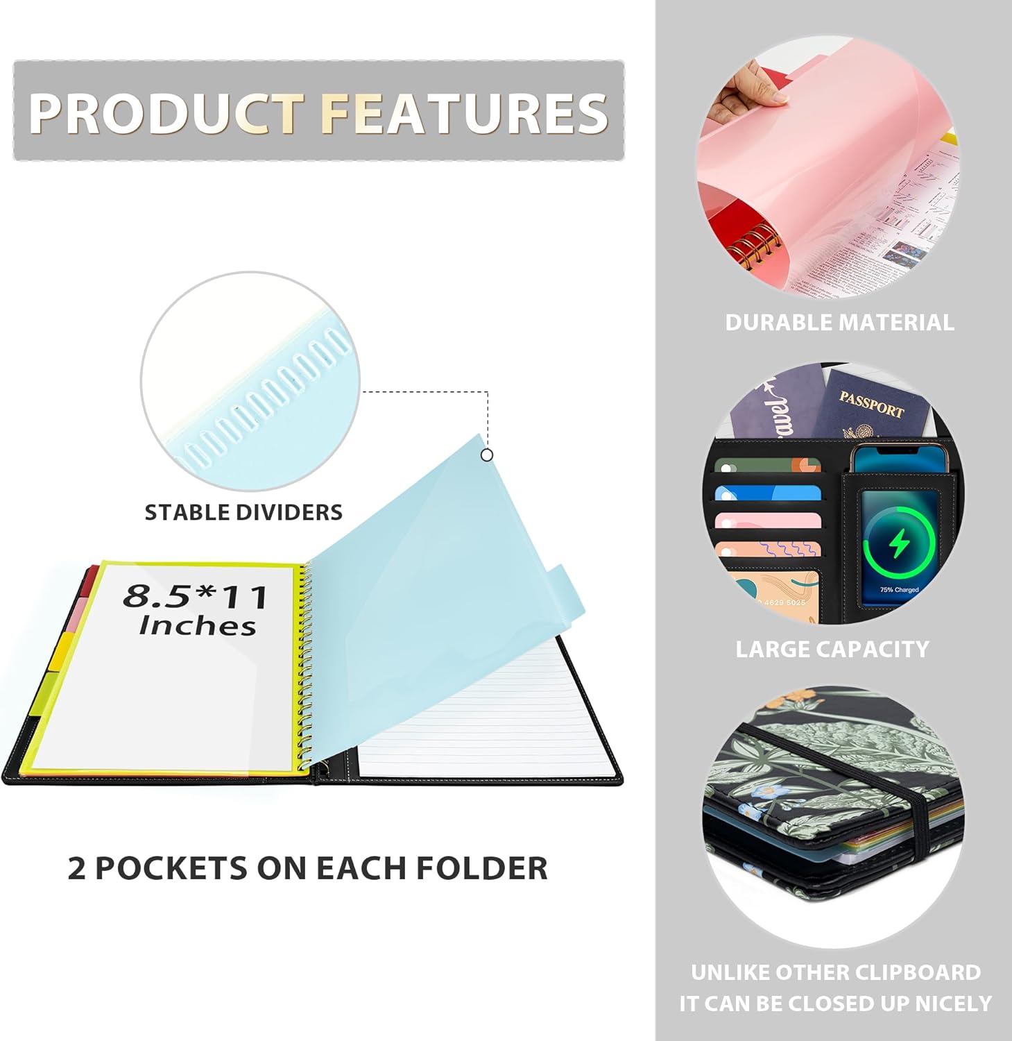 Ospelelf Clipboard with Storage for Women, Leather Padfolio Portfolio Organizer 5 Folders with 10 Pockets, Spiral Clipboard Folio with Notepad for Letter Size, Elastic Closure and Pen Loop Floral