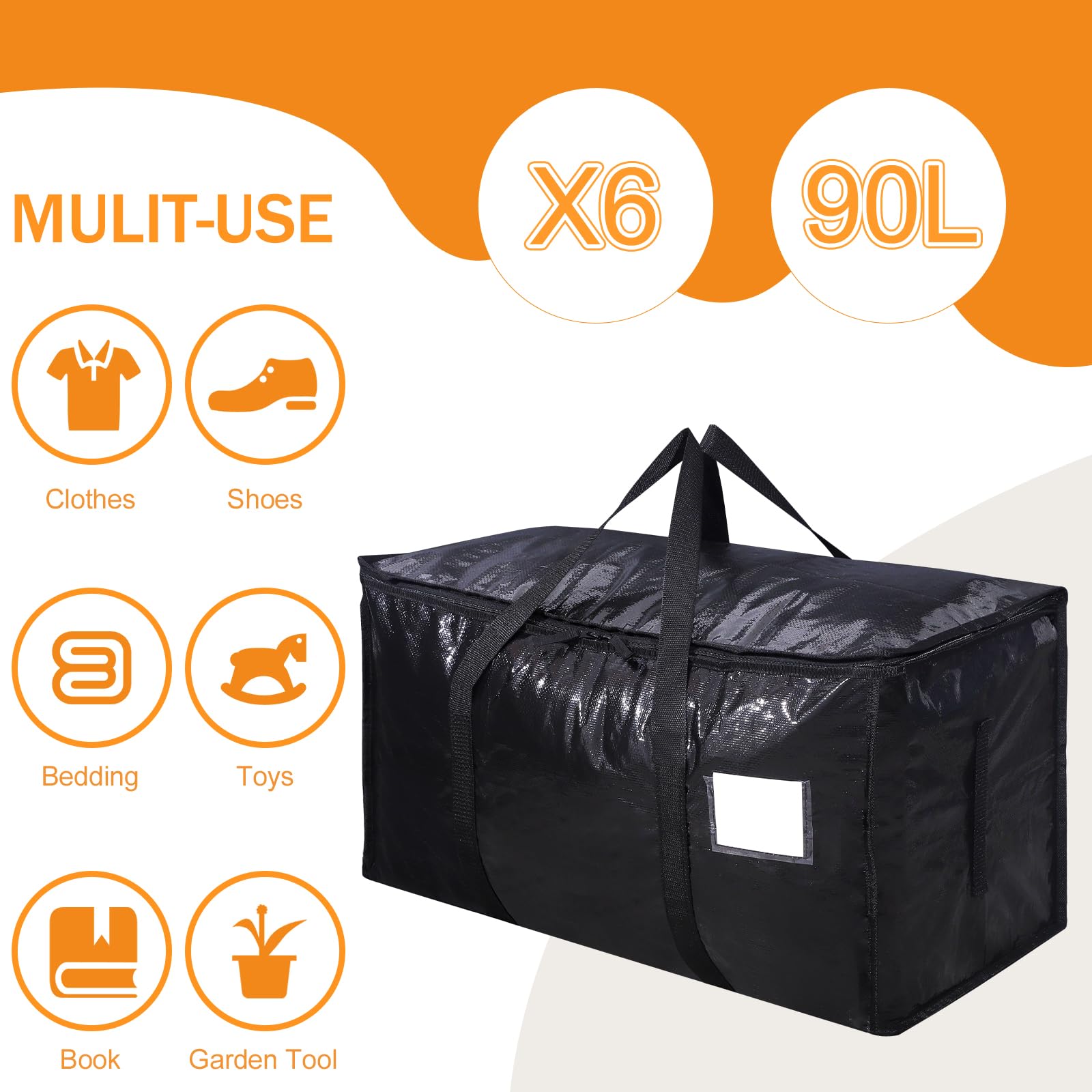 SUNNOW Lot de 6 grands sacs de déménagement imperméables de 90 L, sacs de rangement pour vêtements Noir