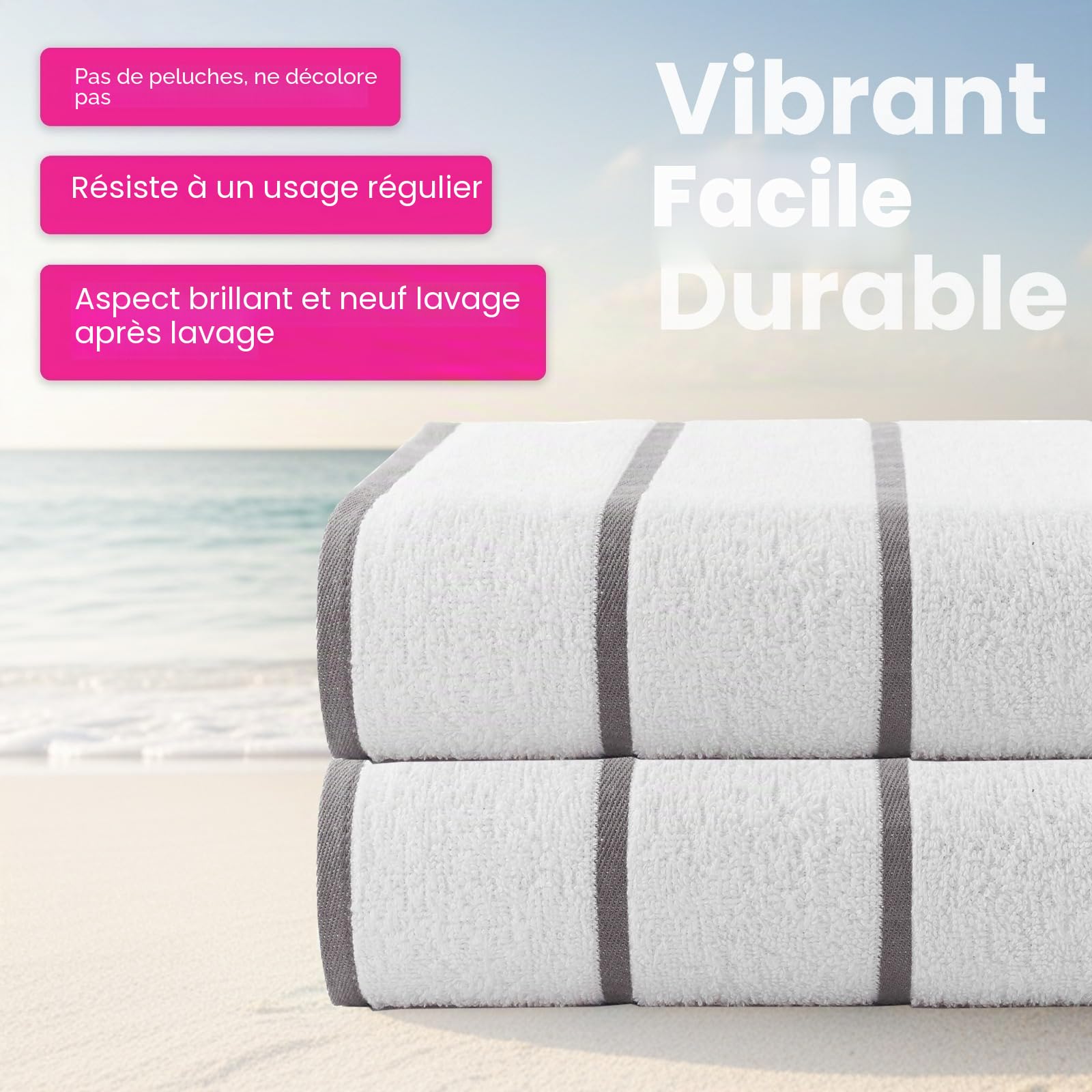 Casa Copenhagen 4 Serviettes de Plage/Piscine Coton 75x150cm Blanc et Beige | Cabana serviettes 100% coton égyptien (150 x 75 cm) pour salle de bain, piscine et plage (coffret cadeau femme et homme)