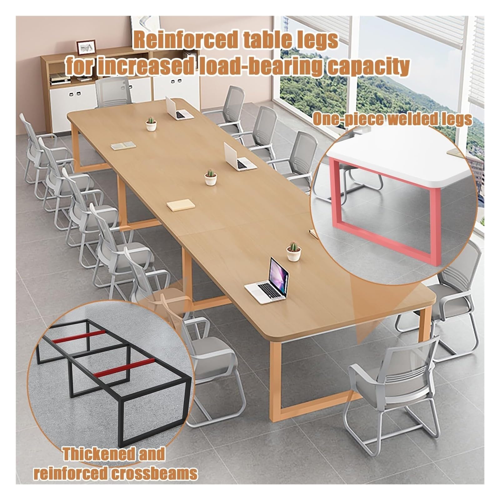Mesa de conferencias rectangular grande moderna de metal para reuniones y asientos de entrenamiento, 4-6, 300 x 100 x 74 cm, ideal para espacios profesionales y trabajo colaborativo