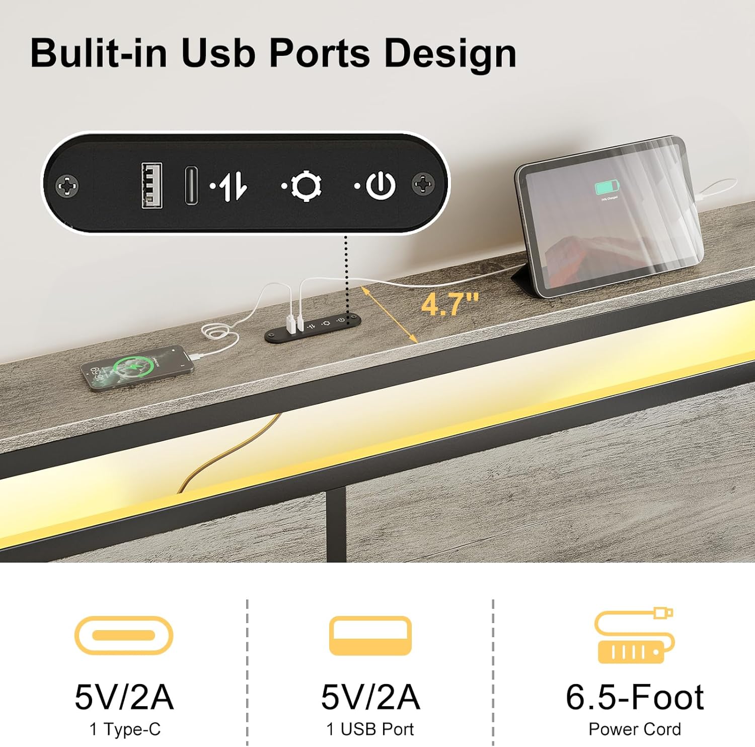 HAUSOURCE Queen Bed Frame with 4 Drawers Storage Headboard and LED Lights Charging Station Metal Platform Bed Frame Queen Size Heavy-Duty Metal Slats Support No Box Spring Needed,Grey - Image 3