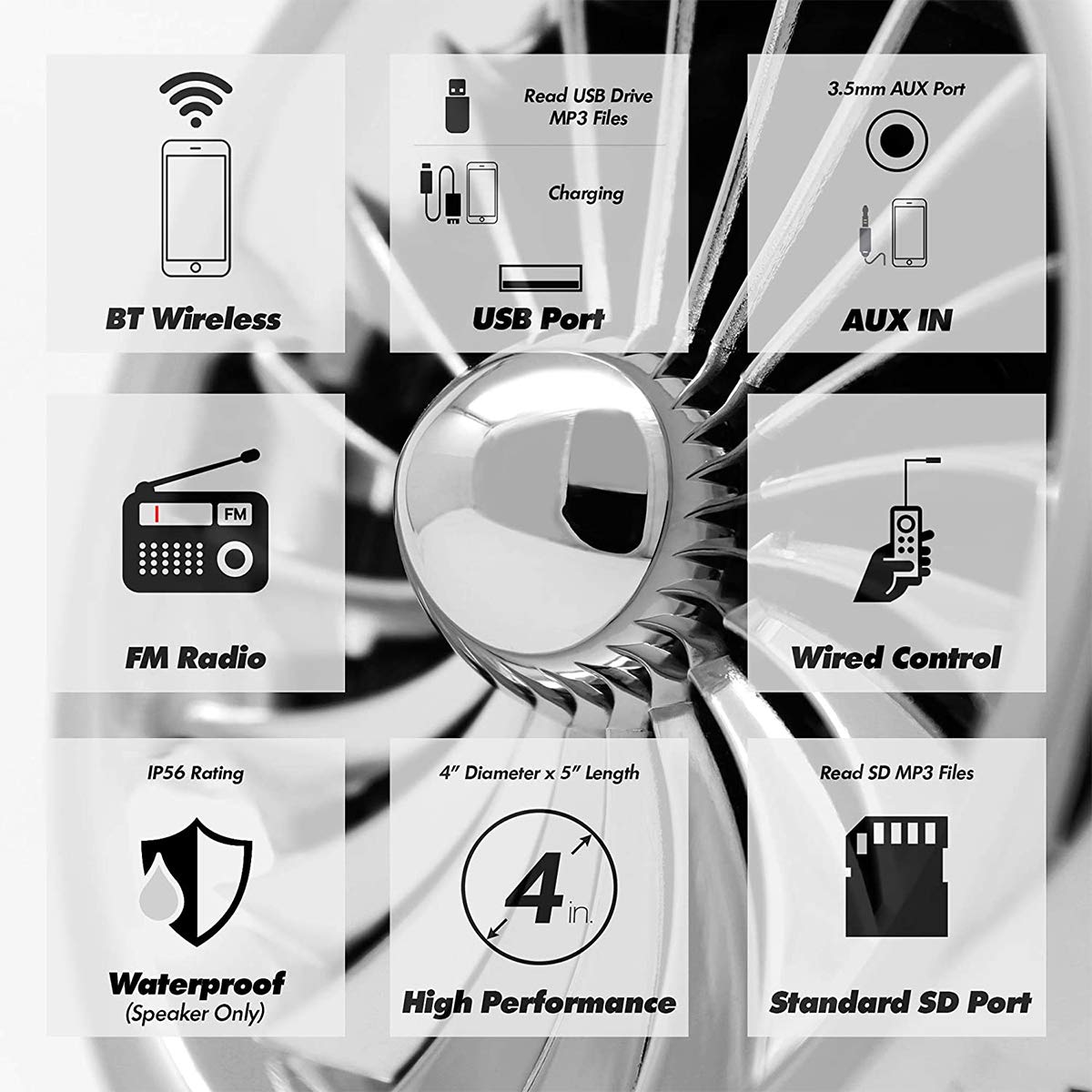 1000W Amplificatore per moto a 4 canali 4 "Altoparlanti stereo Bluetooth per moto impermeabili a gamma completa Sistema audio Radio FM per 1-1,5" Manubrio ATV UTV (Cromo, Ventola)