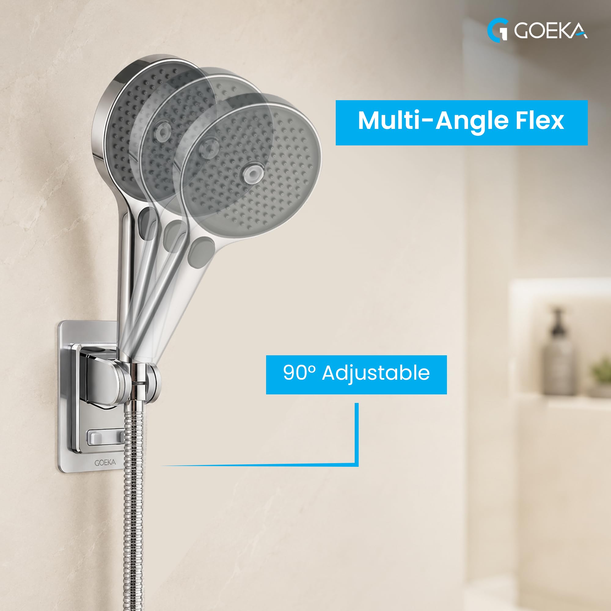 GOEKA® Self Adhesive Hand Shower Holder for Bathroom Wall | Durable ABS Body | Adjustable & Waterproof Wall Mount Shower Head Hook | No Drill Mop/Broom Holder for Kitchen & Bathroom (Silver) 4