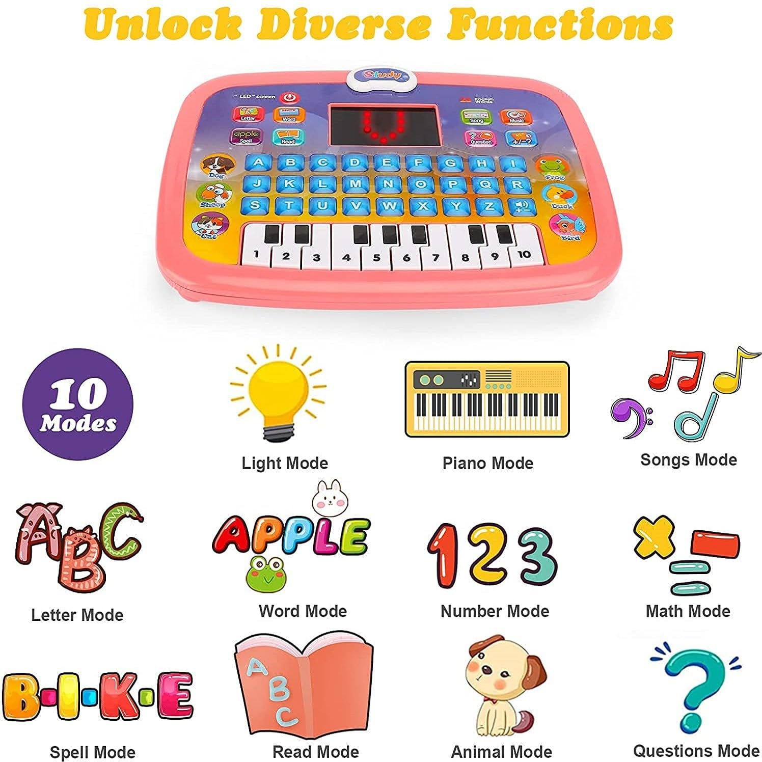 Royaldeals Toys Educational Toy Learning Tablet Toddler Computer Toy with Led Screen Display, 8 Learning Modes Gift for Kids 3
