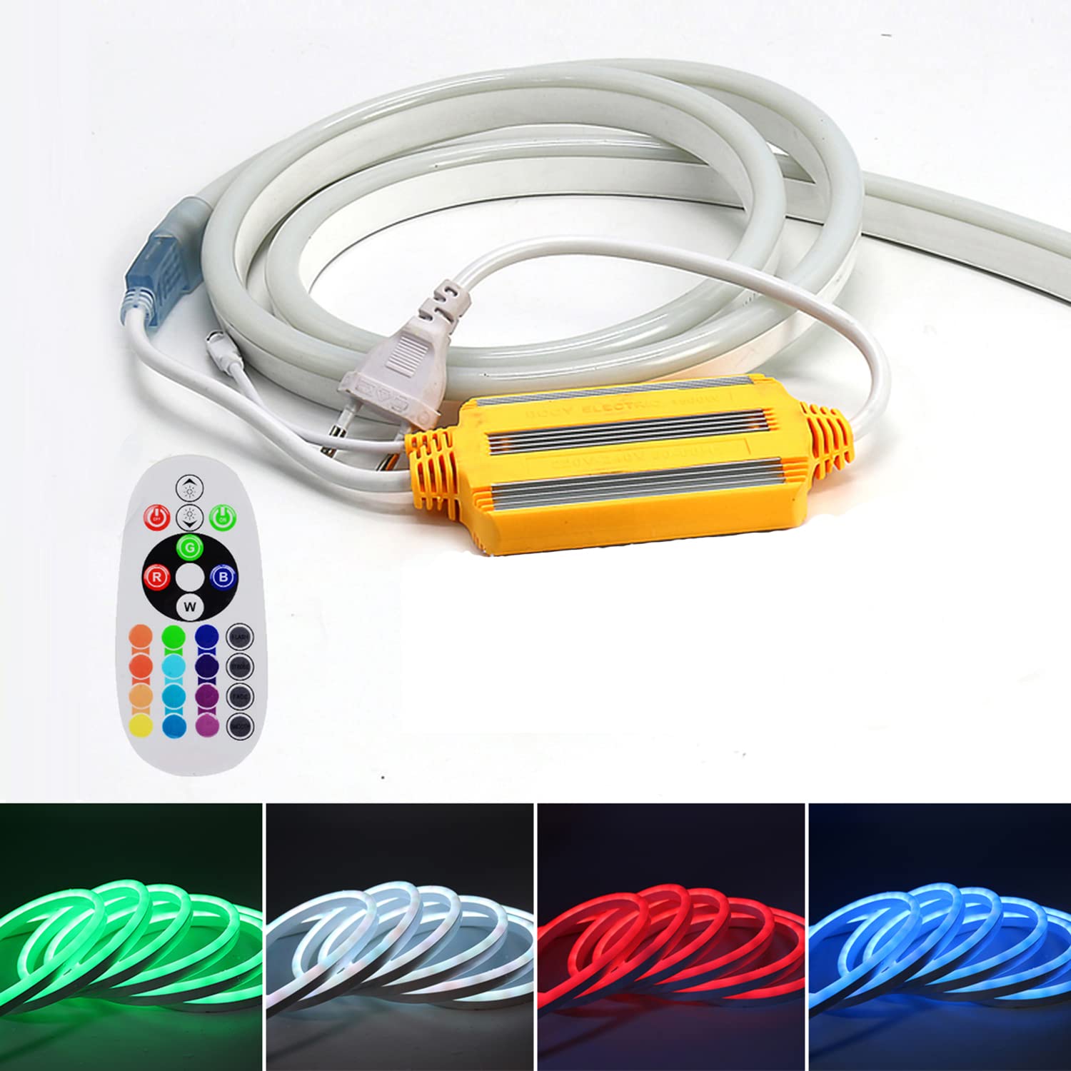 20m Neon Seil Strip, dimmbar RGB Farbwechsel flexibler LED Streifen, 5050 SMD Lichtleiste, 220V LED Band, IP65 wasserdichte Lichtschlauch mit Trafo & 24-Tasten IR Fernbedienung