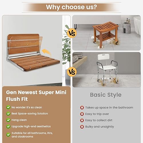 Miniatura 2 de Asiento de ducha plegable de teca montado en la pared, asiento de ducha plegable, banco de ducha plegable, banco de ducha de teca para el cuidado