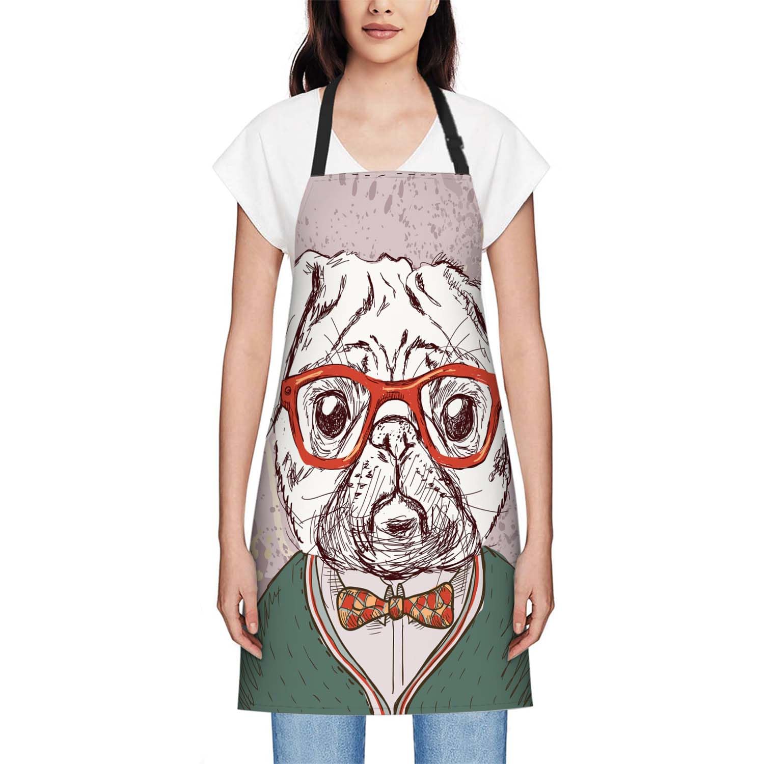 Smooffly Hipster Pug Dog Apron Chefs Apron, Cooking and Baking Apron for Men and Women, Kitchen Aprons, Butchers Apron, BBQ & Catering Bibs - Image 2
