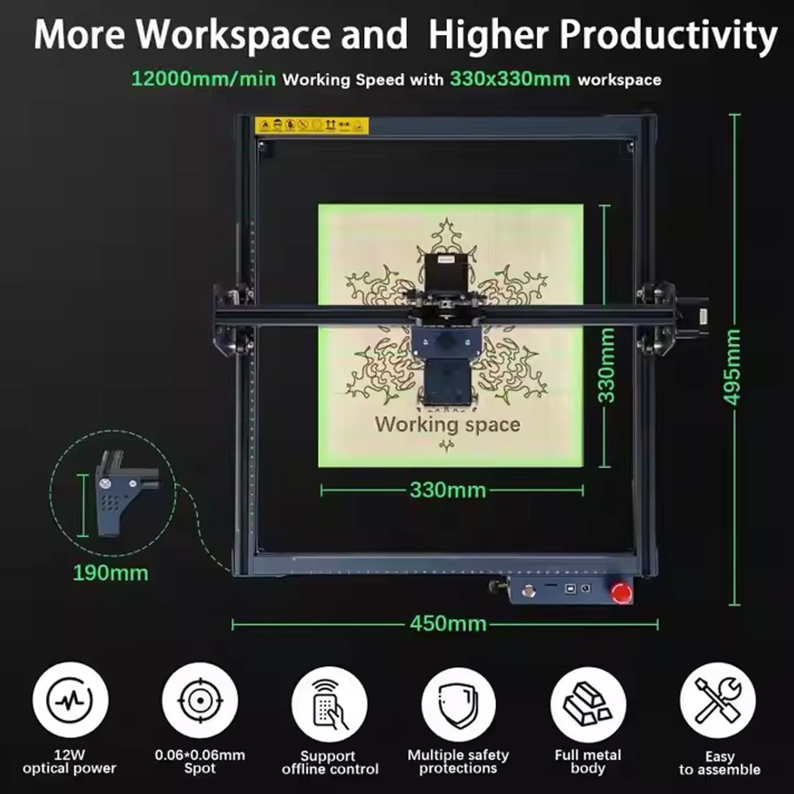 Minimáquina de Grabado y Corte, cortadora de Escritorio con área de Trabajo de 330 x 330 mm y múltiples Protecciones de Seguridad, para Grabar Madera, acrílico, Papel, plástico, Cuero y Hojas
