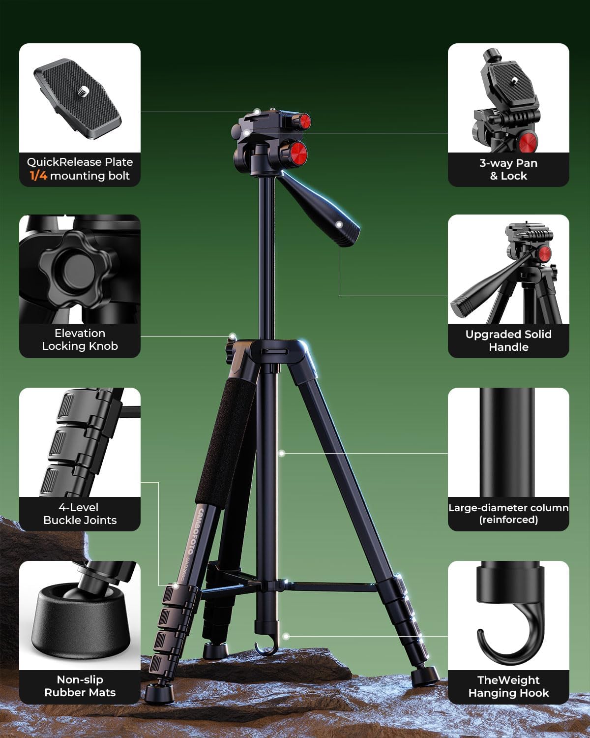 CAMBOFOTO 72" Camera Tripod, Professional Aluminum Tripod Stand for Mirrorless Camera/DSLR/Cell Phone/Camcorder/GoPro, with Phone Holder and Travel Bag (Black)